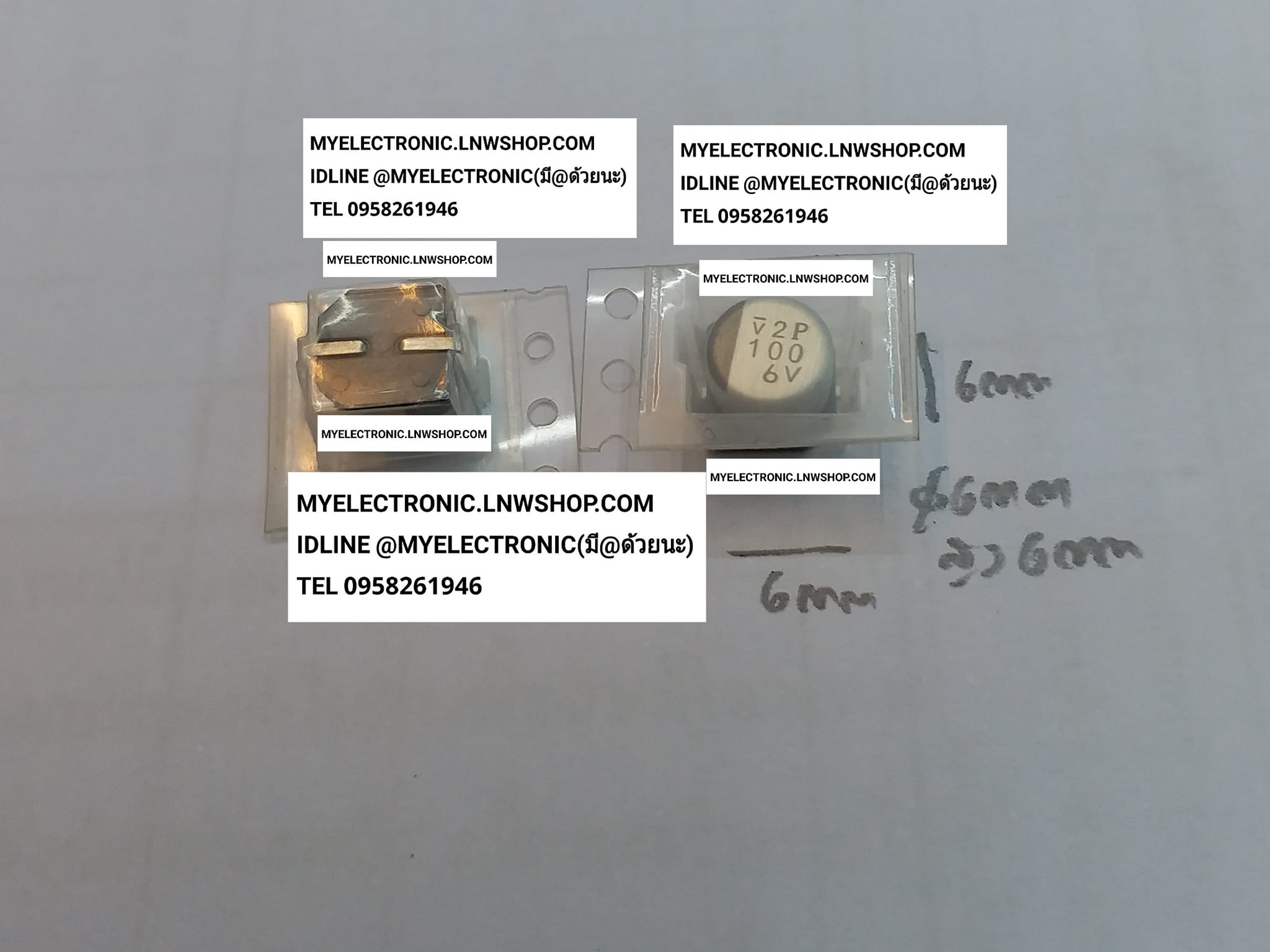 ขาย 100UF6.3VSMD คาปาซิเตอร์ SMD อิเล็กโตรไลท์ ELECTROLIFE ขนาดเส้นผ่านศูนย์กลาง6มม.สูง6มม.ฐาน6มม.×6มม. 6×6×6MM. 100UF 6.3V SMD ยี่ห้อ ราคา ตัวละ . . . . หน่วย บาท