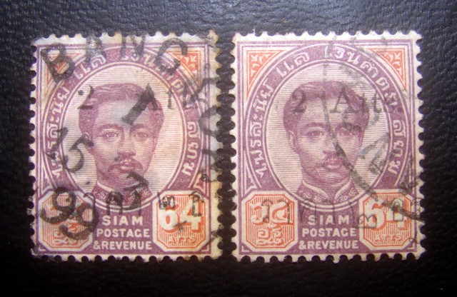 ((--ร.5--แก้ราคา 2 ดวง--)) s2308-แสตมป์รัชกาลที่ 5 ชุด2 พระพักตร์ตรง-แก้ราคา 64 อัฐ แก้เป็น 2 อัฐ No.66 พ.ศ.2441 + No.67 พ.ศ.2442 ลายน้ำกงจักร ใช้แล้ว ราคาเบา หายาก น่าสะสมครับ