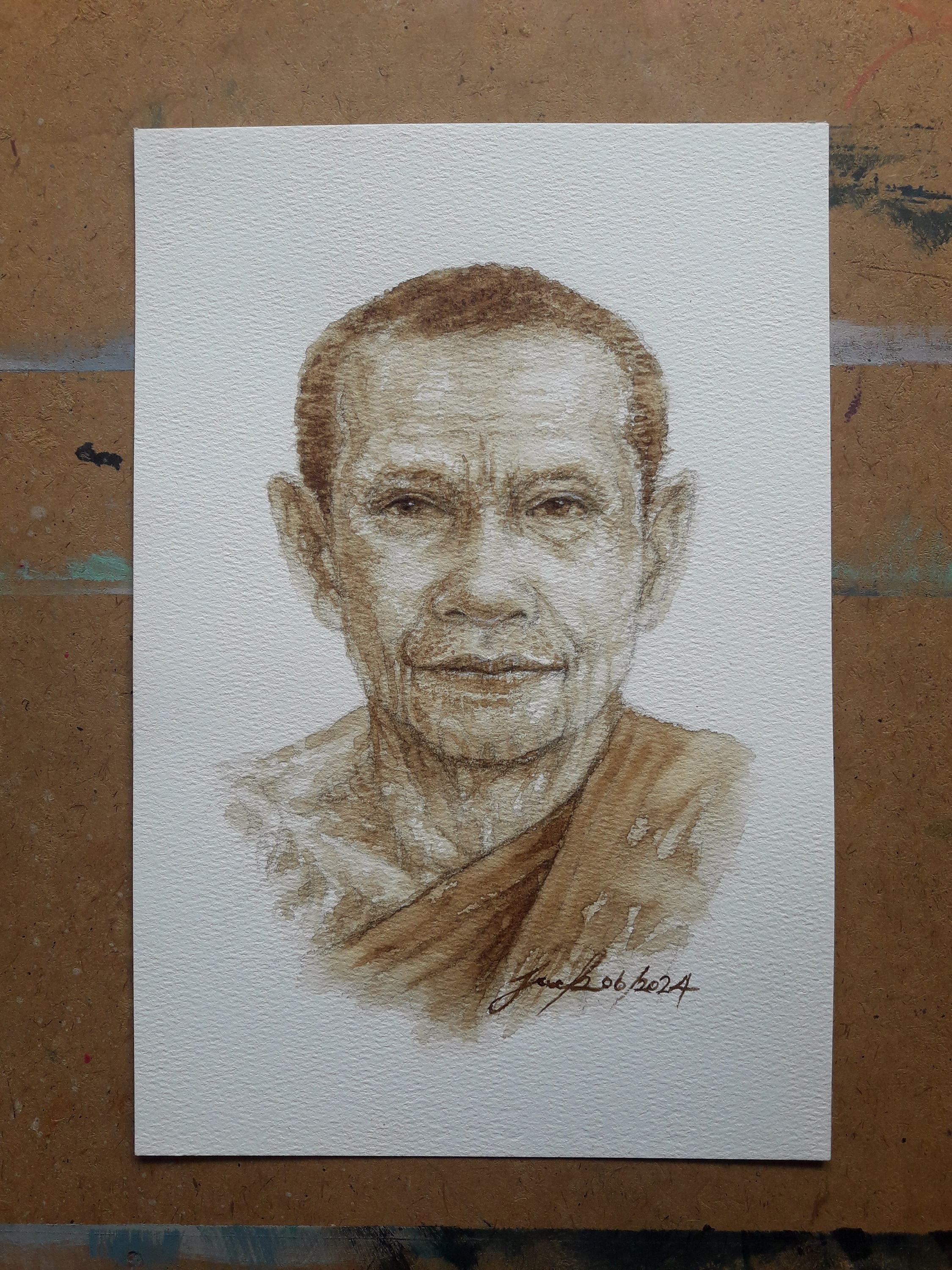 หลวงพ่อฤาษีลิงดำ วัดท่าซุง อุทัยธานี ภาพวาดจากกาแฟ บนกระดาษ 300 แกรม ขนาด [A4] 31 cm. x 21 cm.งานวาด ไม่ใช่ภาพพิมพ์หรือโปสเตอร์ครับ