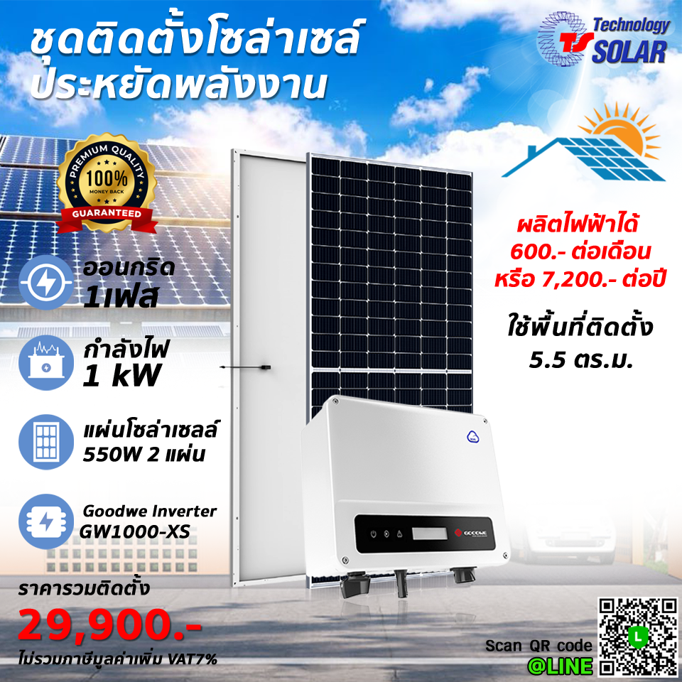ชุดติดตั้งโซล่าเซลล์ 1 kW ออนกริด พร้อมติดตั้ง