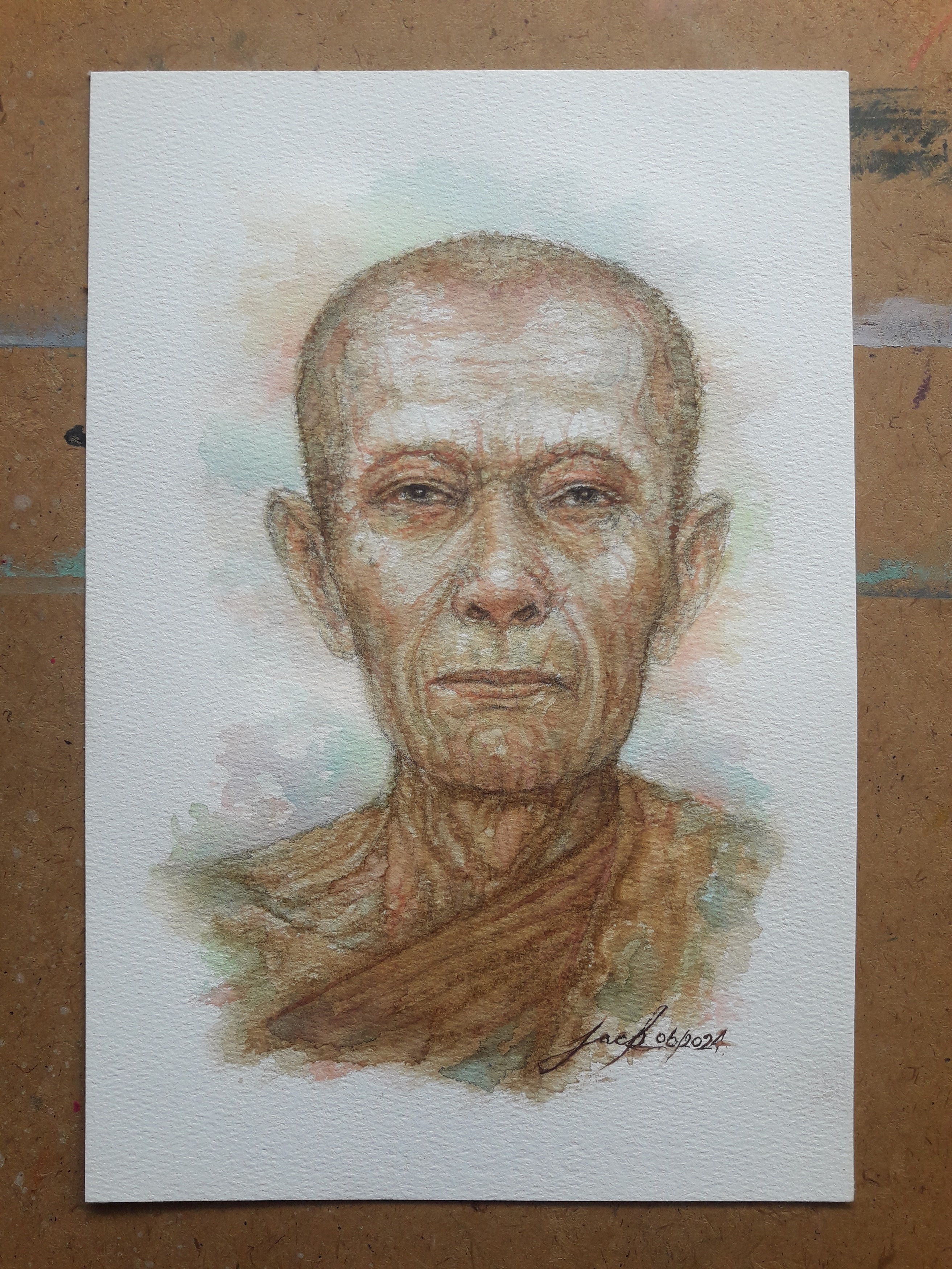 หลวงปู่โต๊ะ วัดประดู่ฉิมพลี กรุงเทพฯ ภาพวาดสีน้ำ+กาแฟ บนกระดาษ 300 แกรม ขนาด [A4] 31 cm. x 21 cm.งานวาด ไม่ใช่ภาพพิมพ์หรือโปสเตอร์ครับ