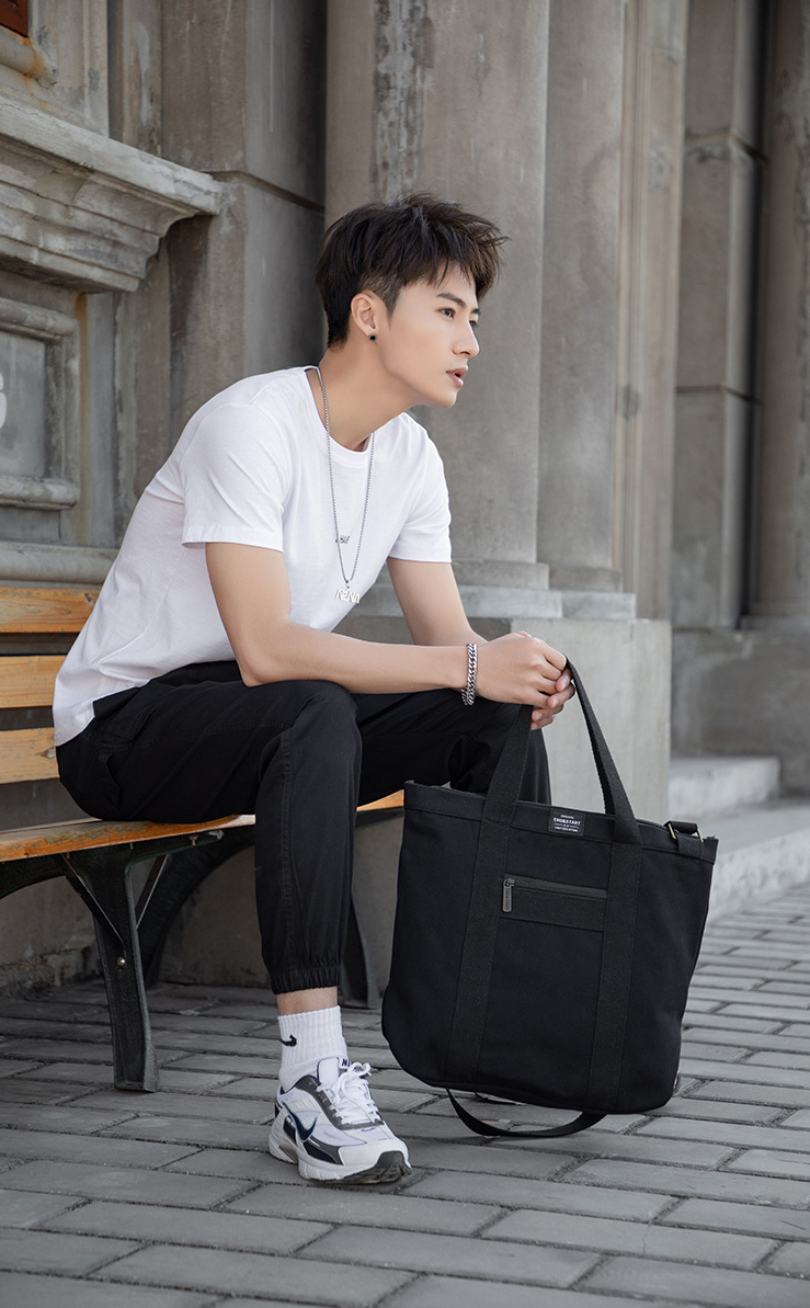 มาใหม่! NY20 กระเป๋าสะพายข้าง กระเป๋าถือ ถุงผ้าลดโลกร้อน มีซิป สีดำ สวยเท่ ผ้า Canvas ผู้ชาย ผู้หญิง