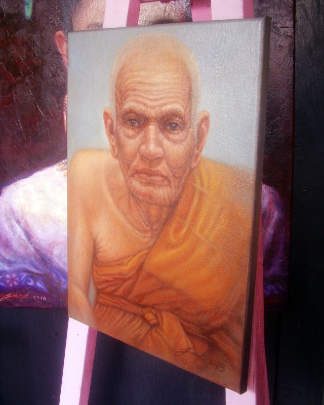 "หลวงปู่ทวด วัดช้างให้ ปัตตานี" ภาพวาดสีน้ำมัน งานเพ้นท์บนเฟรมผ้าใบ canvas ขนาด 30 x 40 cm.
