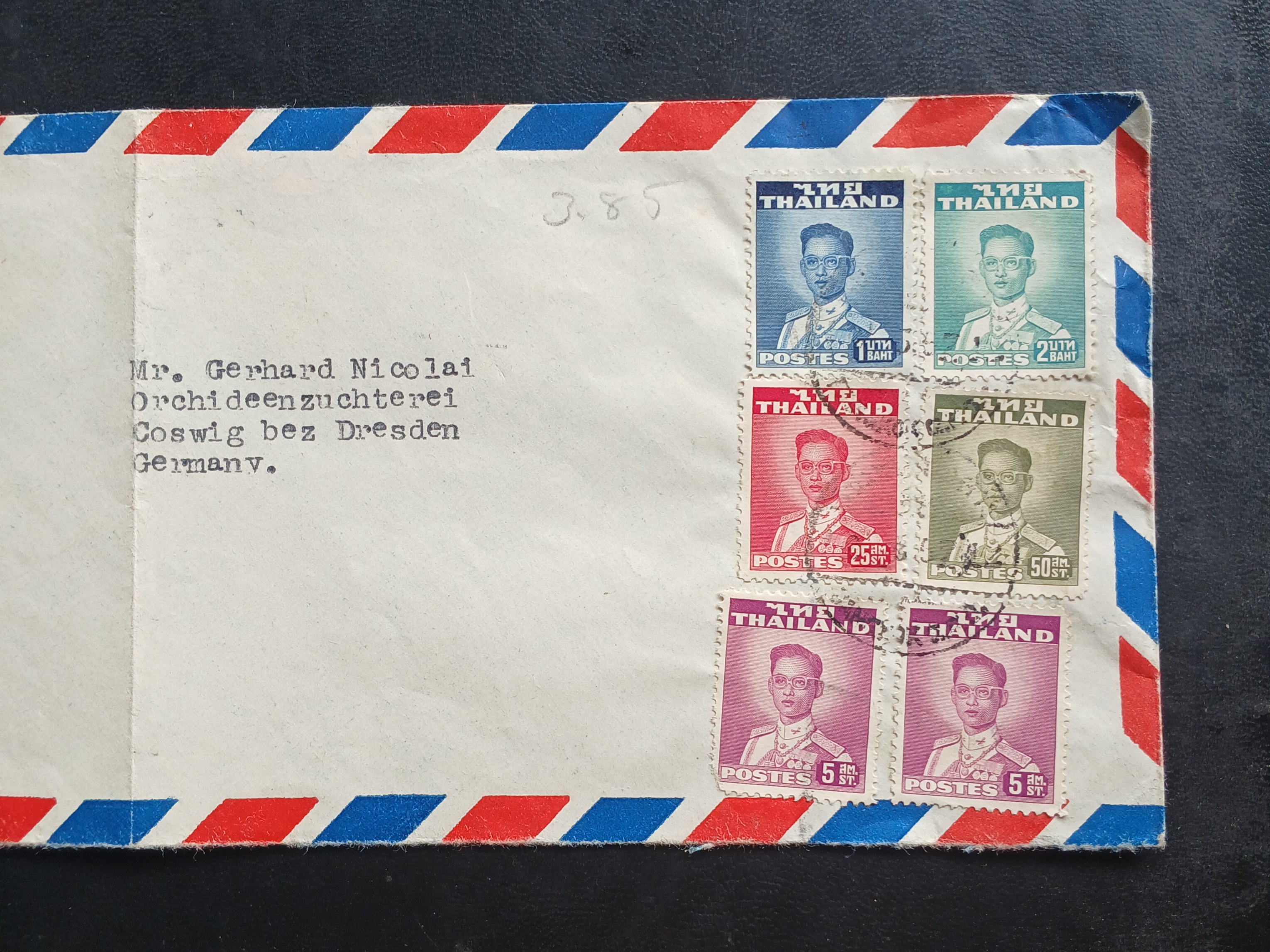 ซองจดหมายเก่า ปี 2500 (1957) BANGKOK-GERMANY ติดแสตมป์พระรูป ร.9 ชุด2 THAILAND ปี 2494-2499, มีตราประทับ ไปรษณีย์กลาง 1957