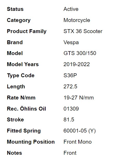 โช๊คหน้า OHLINS PI 901 FOR VESPA GTS 150/300