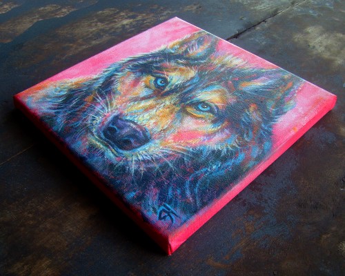 "Wolf no.2" ภาพวาดสีอะคริลิค Colorful Impressionism งานเพ้นท์บนเฟรมผ้าใบ canvas ขนาด 20 x 20 cm.