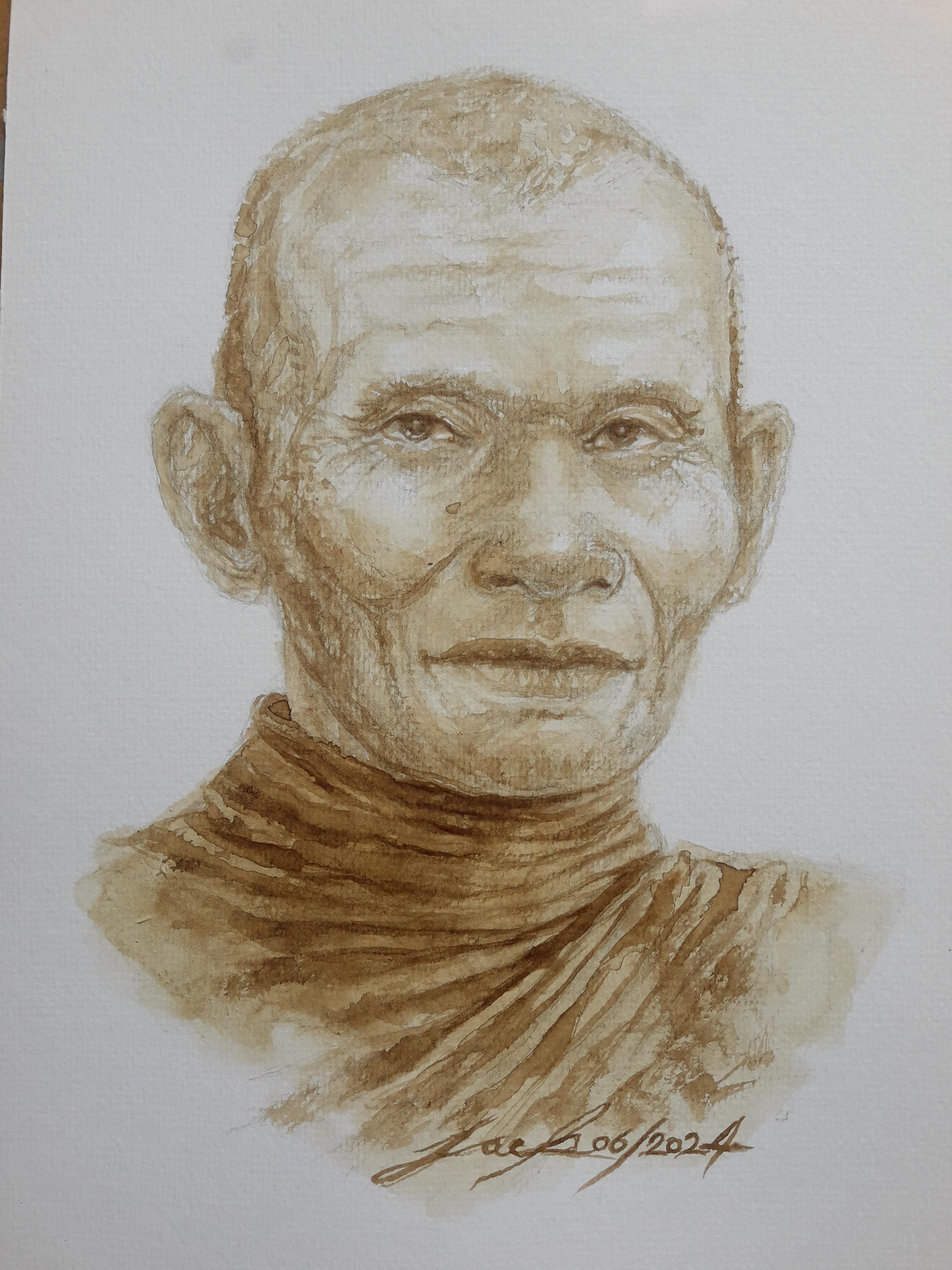 หลวงปู่คำพันธ์ วัดธาตุมหาชัย จ.นครพนม ภาพวาดจากกาแฟ บนกระดาษ Canson 320 แกรม ขนาด [A4] 21 cm. x 29.7 cm.งานวาด ไม่ใช่ภาพพิมพ์หรือโปสเตอร์ครับ