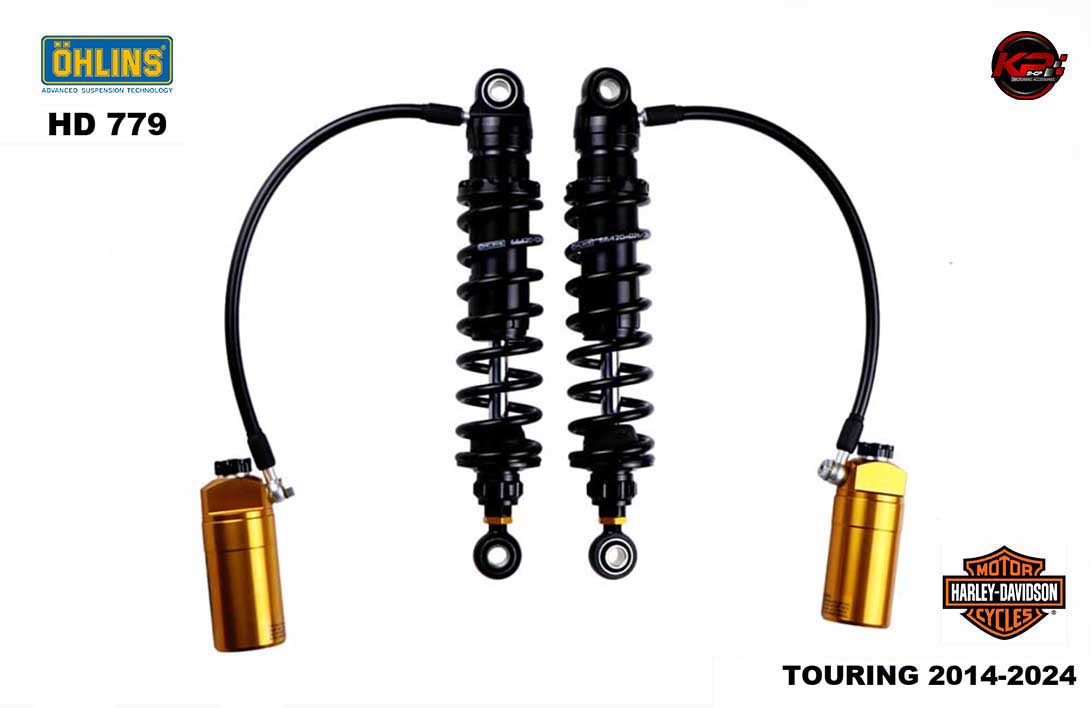 โช๊คอัพหลัง OHLINS HD 779 (328,5 mm, blackline, golden reservoir) FOR HARLEY DAVIDSON TOURING 2014-2024
