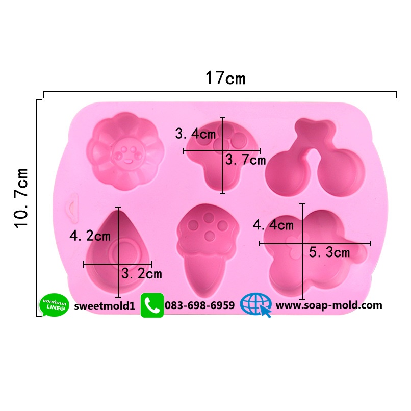 แม่พิมพ์เห็ดเชอรี่ดอกไม้คละลาย 6ช่อง ขนาด15-35กรัม : 007739