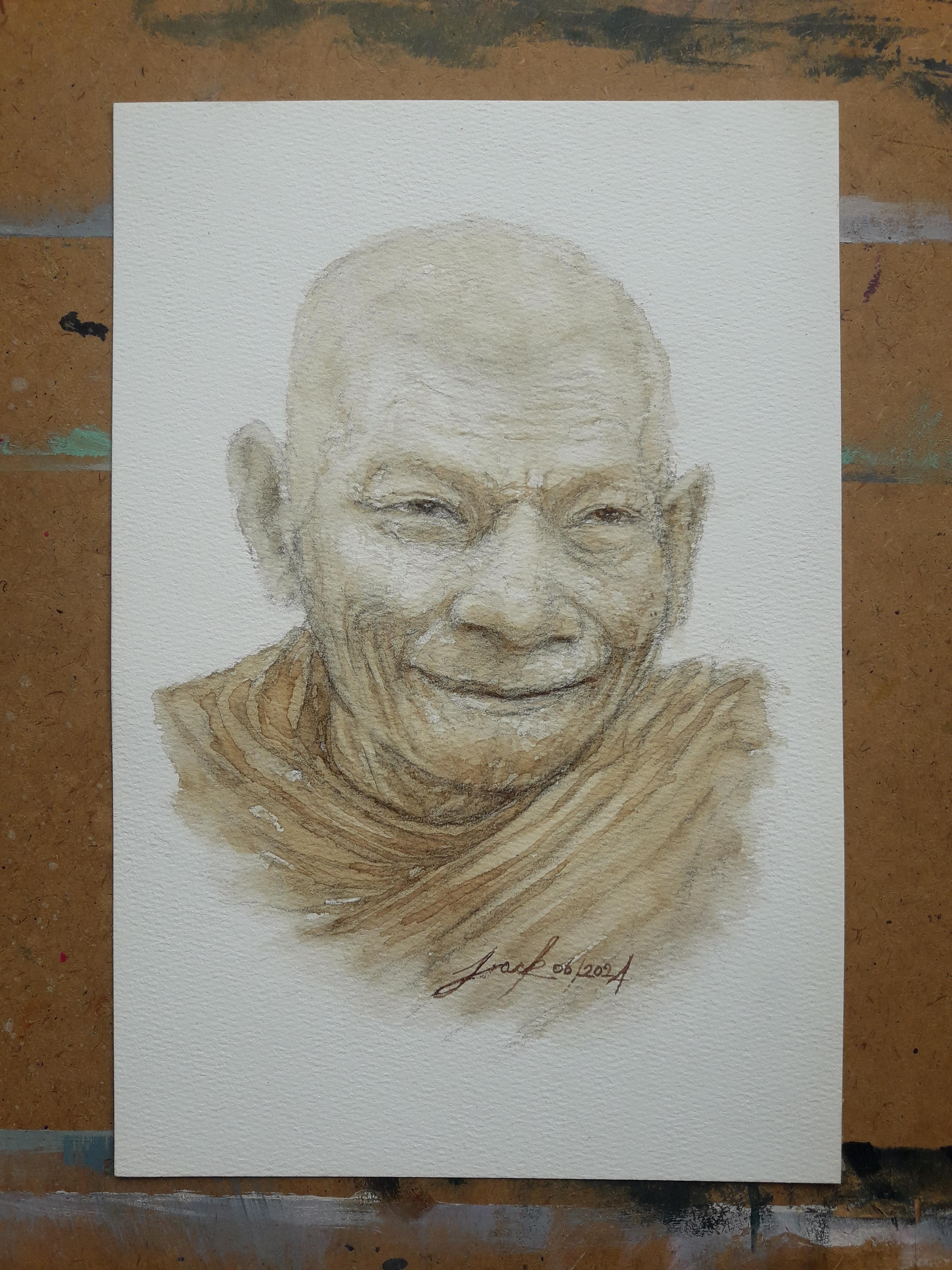 หลวงปู่ศิลา วัดพระธาตุหมื่นหิน จ.กาฬสินธุ์ ภาพวาดจากกาแฟ บนกระดาษ 300 แกรม ขนาด [A4] 31 cm. x 21 cm.งานวาด ไม่ใช่ภาพพิมพ์หรือโปสเตอร์ครับ