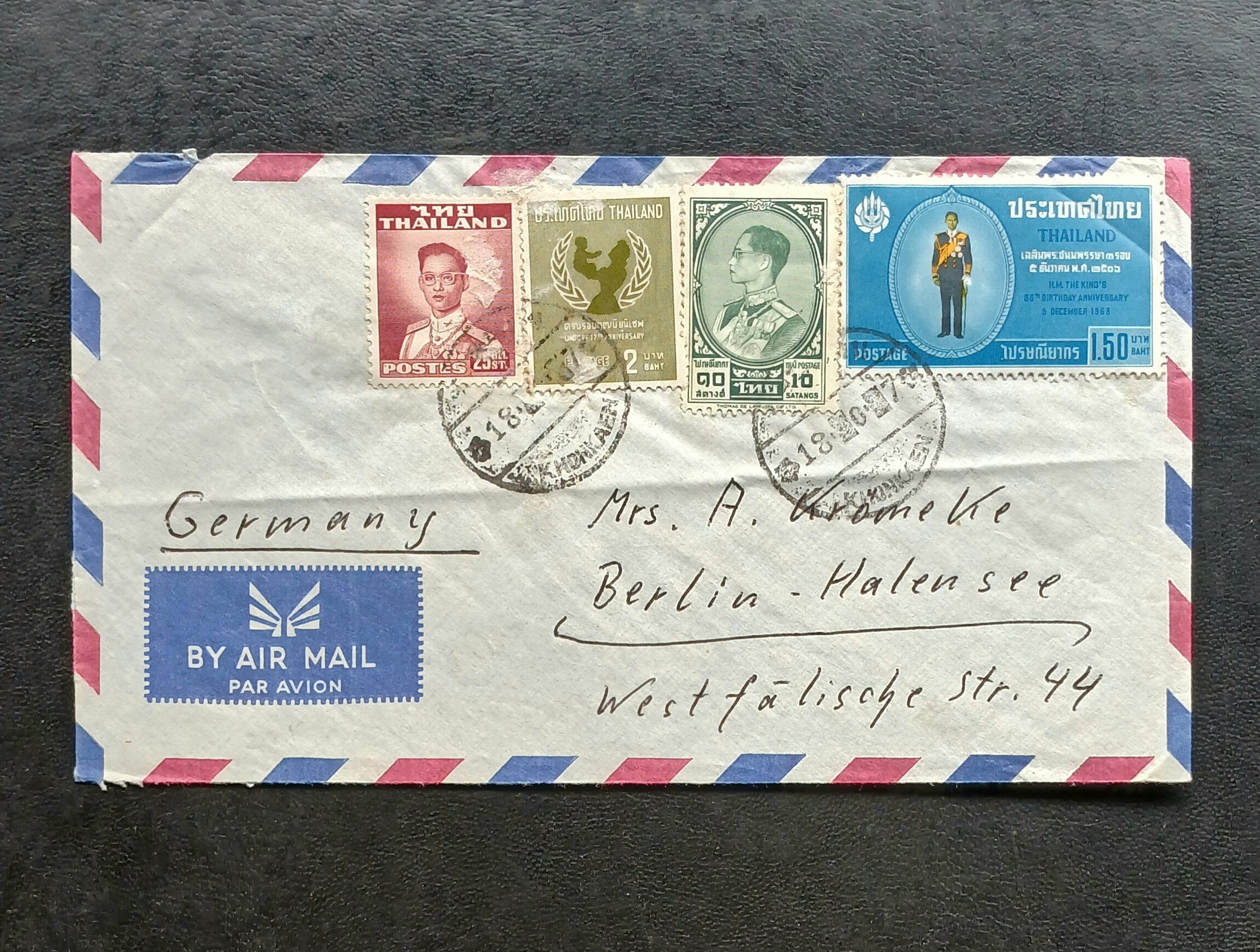 ซองจดหมายเก่า ปี 2507 (1964) KhonKaen THAILAND-Berlin GERMANY ติดแสตมป์พระรูป ร.9 ชุด2 THAILAND ปี 2494, ชุดสาม ปี 2506, ร.9 ครบ 3 รอบ ปี 2506, ยูนิเซฟ ปี 2507 มีตราประทับ ขอนแก่น 2507