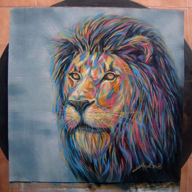 "Lion no.3" ภาพวาดสีอะคริลิค บนผ้าใบ canvas ไม่ขึงบนเฟรม ขนาด 40 x 40 cm.