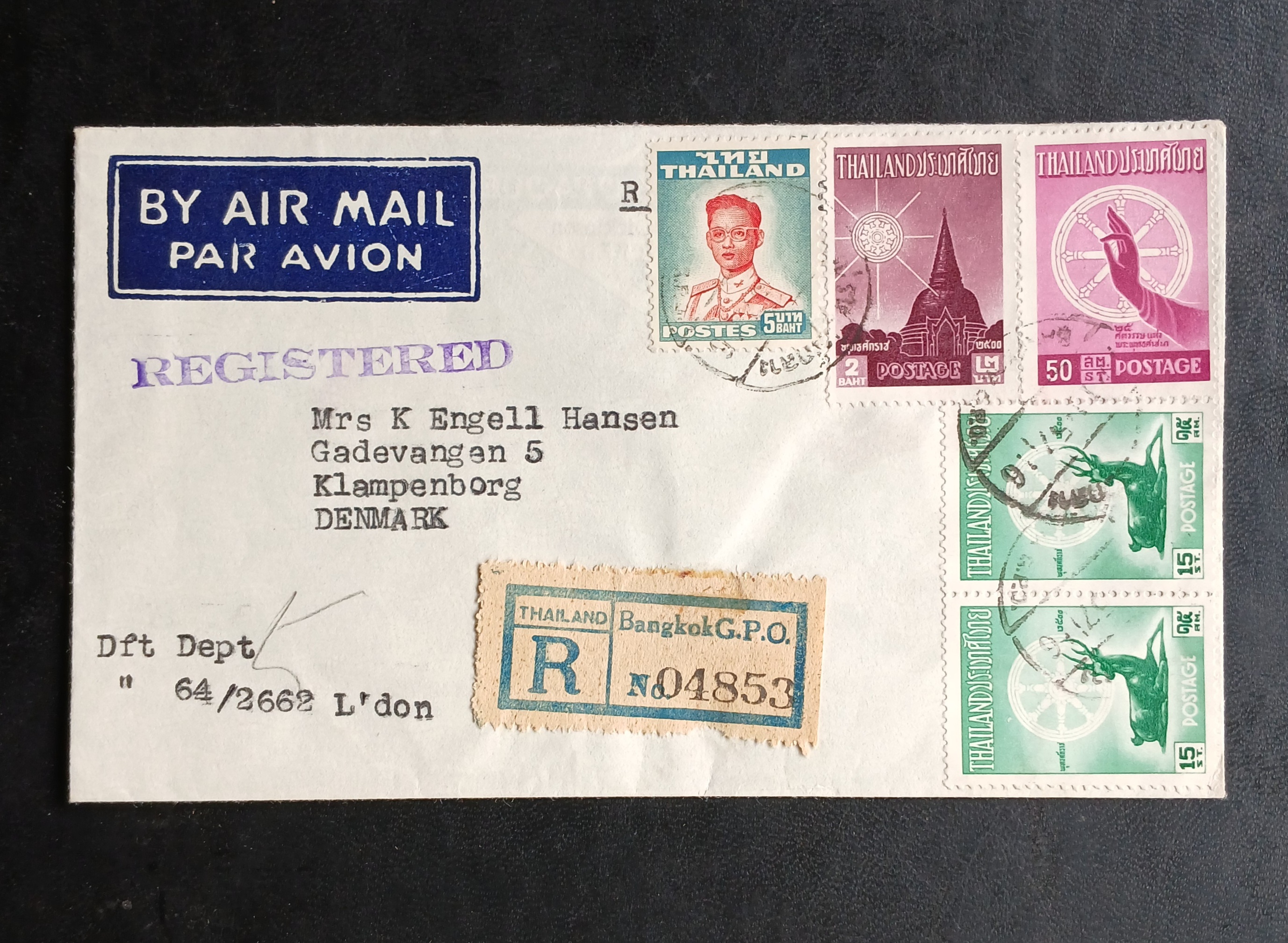 s3483-ซองจดหมายเก่า BANGKOK-Klampenborg DENMARK ป้ายR ลงทะเบียน/REGISTERED ติดแสตมป์พระรูป ร.9 THAILAND ปี 2498, ฉลอง 25 พุทธศตวรรษ ปี 2500 (ราคาหน้าดวง รวม 7 บาท 80 สตางค์) มีตราประทับ ไปรษณีย์กลาง 1957 พ.ศ.2500