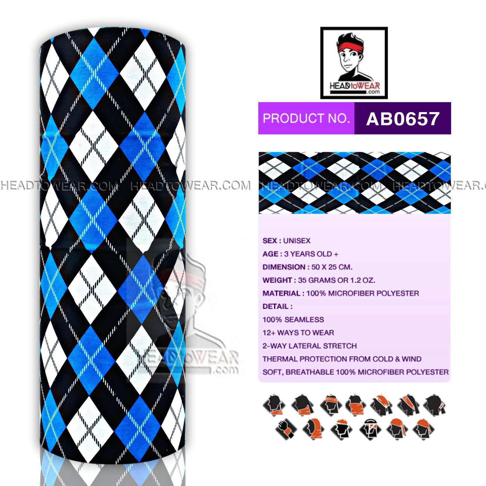 ผ้าโพกหัว ผ้าบัฟ ผ้าคาดผม HeadToWear ลายสก๊อตฟ้า-ดำ รหัส AB0657
