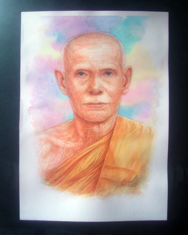 หลวงพ่อทองสุข อินทสาโร วัดสะพานสูง ปากเกร็ด จ.นนทบุรี ภาพวาดสีน้ำ บนกระดาษ Canson 320 แกรม ขนาด A3 งานวาดต้นฉบับ ไม่ใช่ภาพพิมพ์หรือโปสเตอร์ครับ