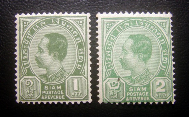 ((--ยังไม่ใช้--)) s2736-แสตมป์รัชกาลที่ 5 ชุดที่3 พระพักตร์ข้าง พ.ศ.2442 หน้าดวง 1 อัฐ + 2 อัฐ ยังไม่ใช้ ราคาเบา หายาก น่าสะสมครับ