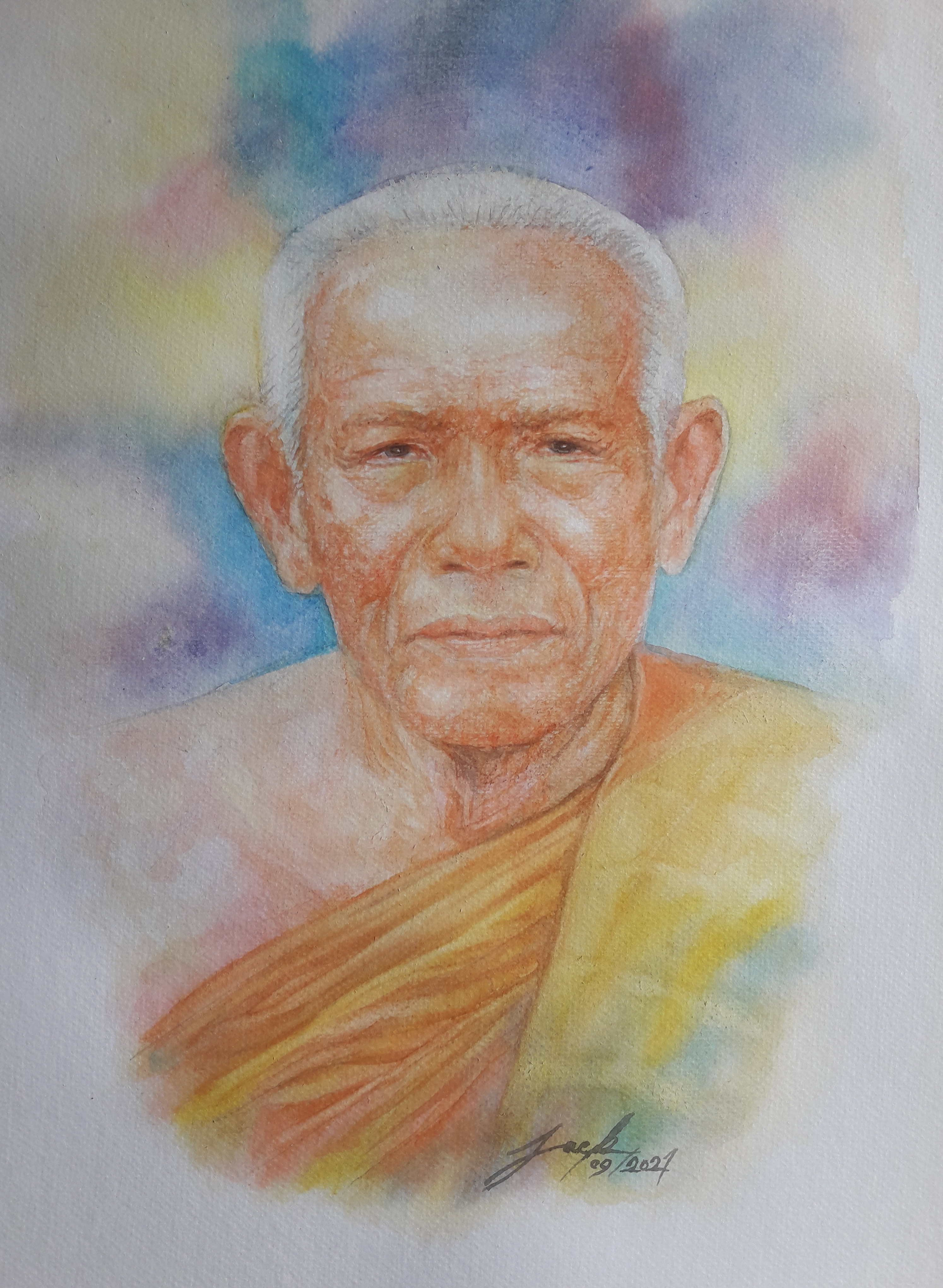 หลวงพ่อสุด วัดกาหลง จ.สมุทรสาคร ภาพวาดสีน้ำ บนกระดาษ Canson 320 แกรม ขนาด A3 งานวาดต้นฉบับ ไม่ใช่ภาพพิมพ์หรือโปสเตอร์ครับ