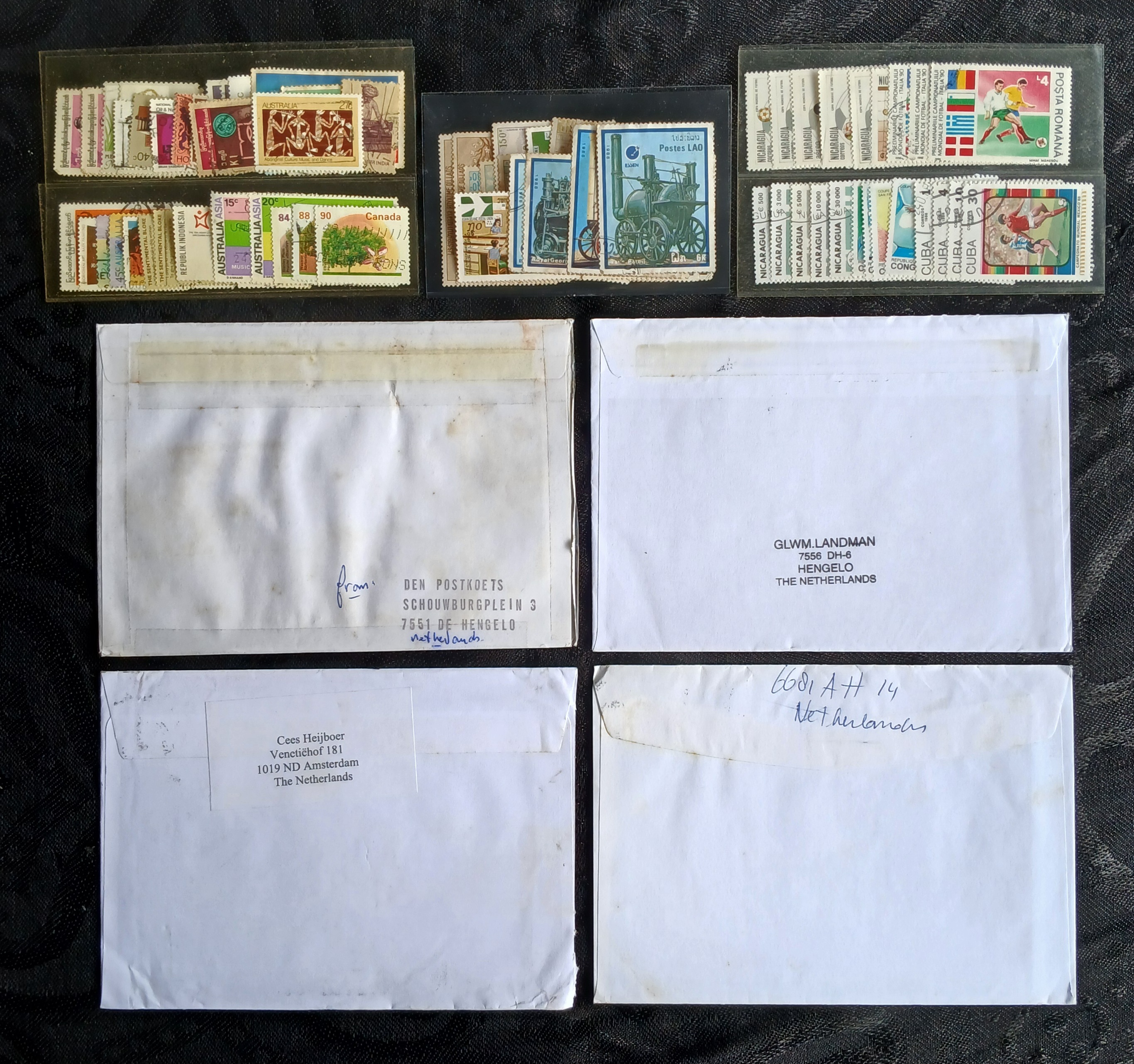 s3457z58-แสตมป์ต่างประเทศ ยังไม่ใช้-ใช้แล้ว มีประเทศลาว, มีฟุตบอลโลก และอื่นๆ ดวงเล็ก-ใหญ่ คละสภาพ รวมหลายประเทศ +ชองติดแสตมป์ ส่งจากต่างประเทศมาไทย 4 ซอง