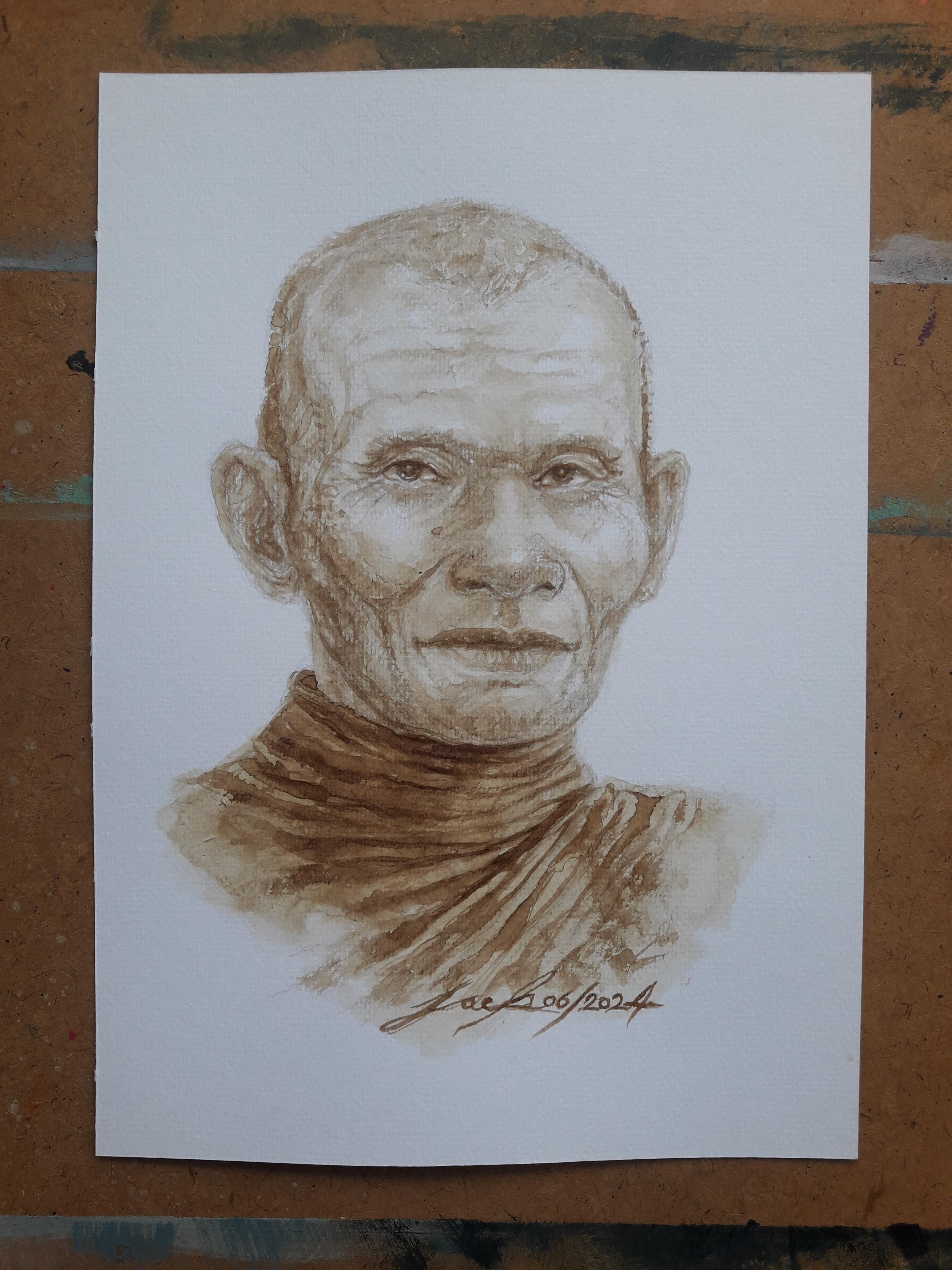 หลวงปู่คำพันธ์ วัดธาตุมหาชัย จ.นครพนม ภาพวาดจากกาแฟ บนกระดาษ Canson 320 แกรม ขนาด [A4] 21 cm. x 29.7 cm.งานวาด ไม่ใช่ภาพพิมพ์หรือโปสเตอร์ครับ