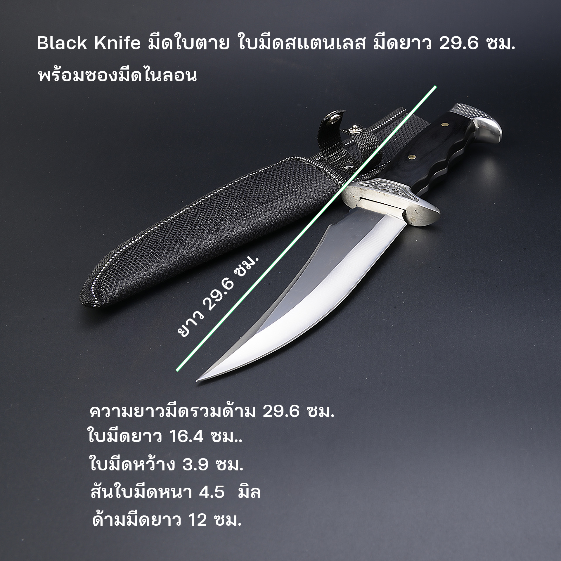 Black Knife อุปกรณ์เดินป่า มีดพก มีดเดินป่า มีดพกใบตาย มีดพกเดินป่า ใบมีดสแตนเลส ยาวรวมด้ามมีด 29.6 ซม. 1 490 กรัม Black 29.6 cm.