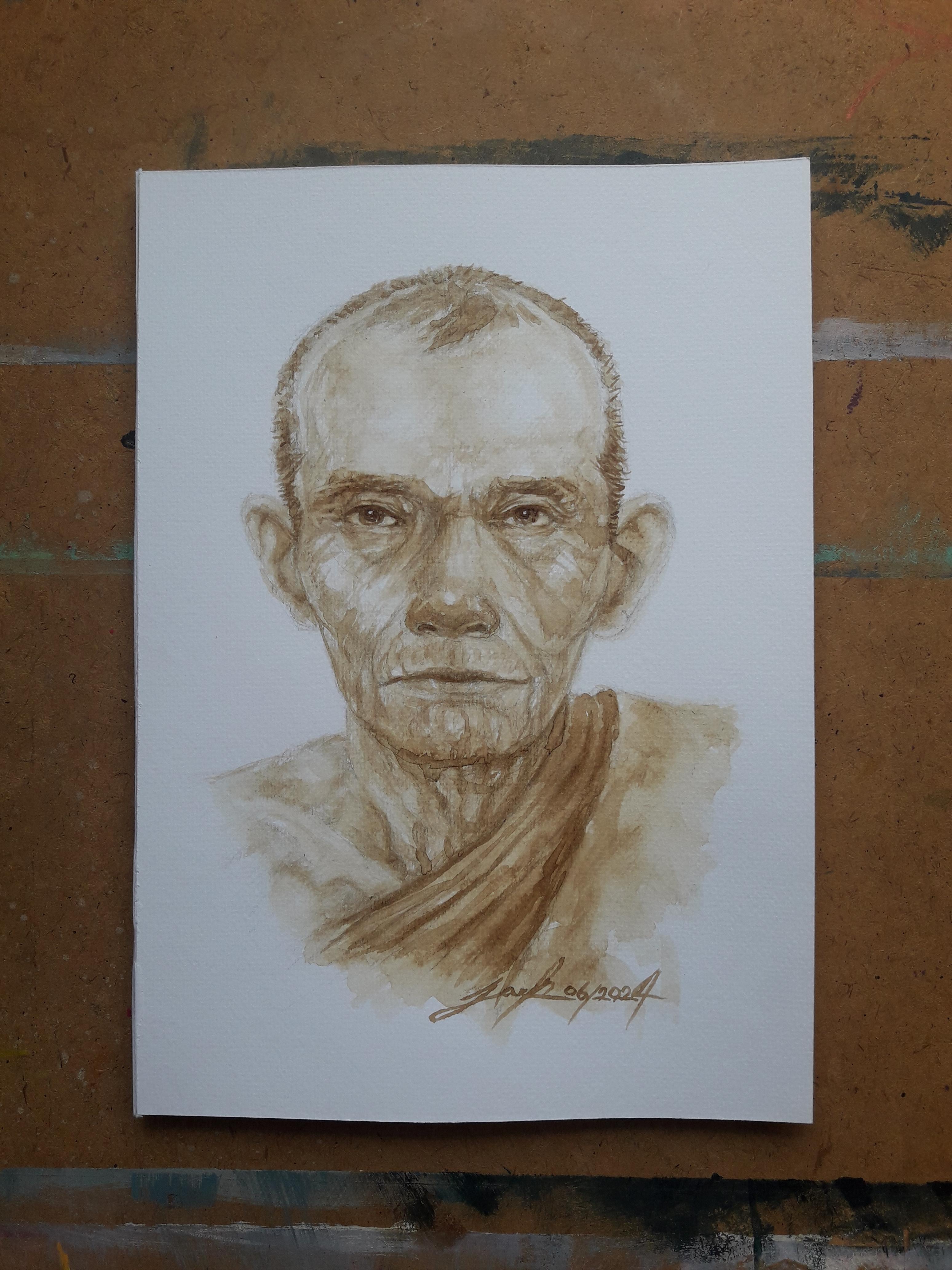 หลวงพ่อกวย วัดโฆสิตาราม จ.ชัยนาท ภาพวาดจากกาแฟ บนกระดาษ Canson 320 แกรม ขนาด [A4] 21 cm. x 29.7 cm.งานวาด ไม่ใช่ภาพพิมพ์หรือโปสเตอร์ครับ
