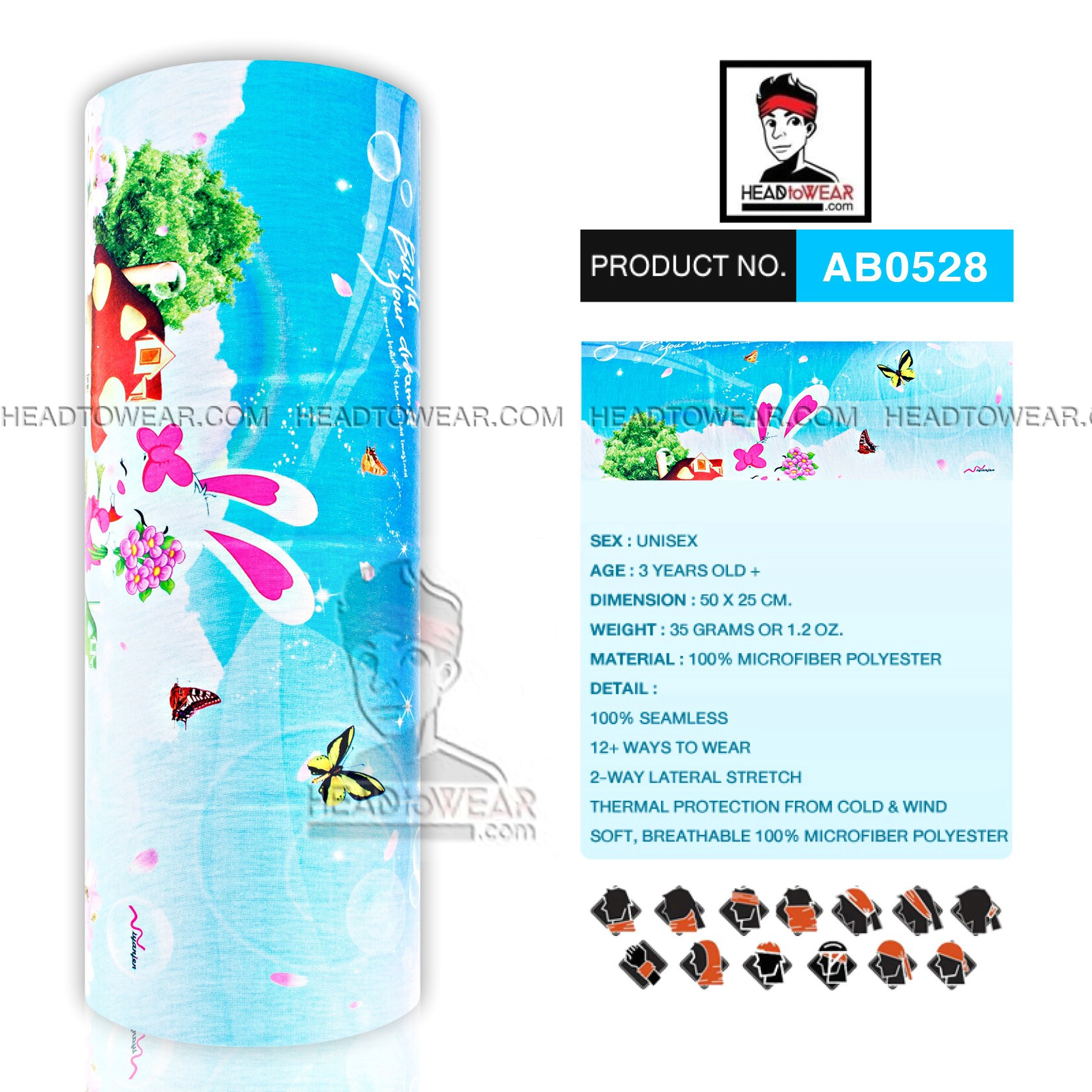ผ้าโพกหัว ผ้าบัฟ ผ้าคาดผม HeadToWear ลายกระต่ายการ์ตูน Cartoon รหัส AB0528