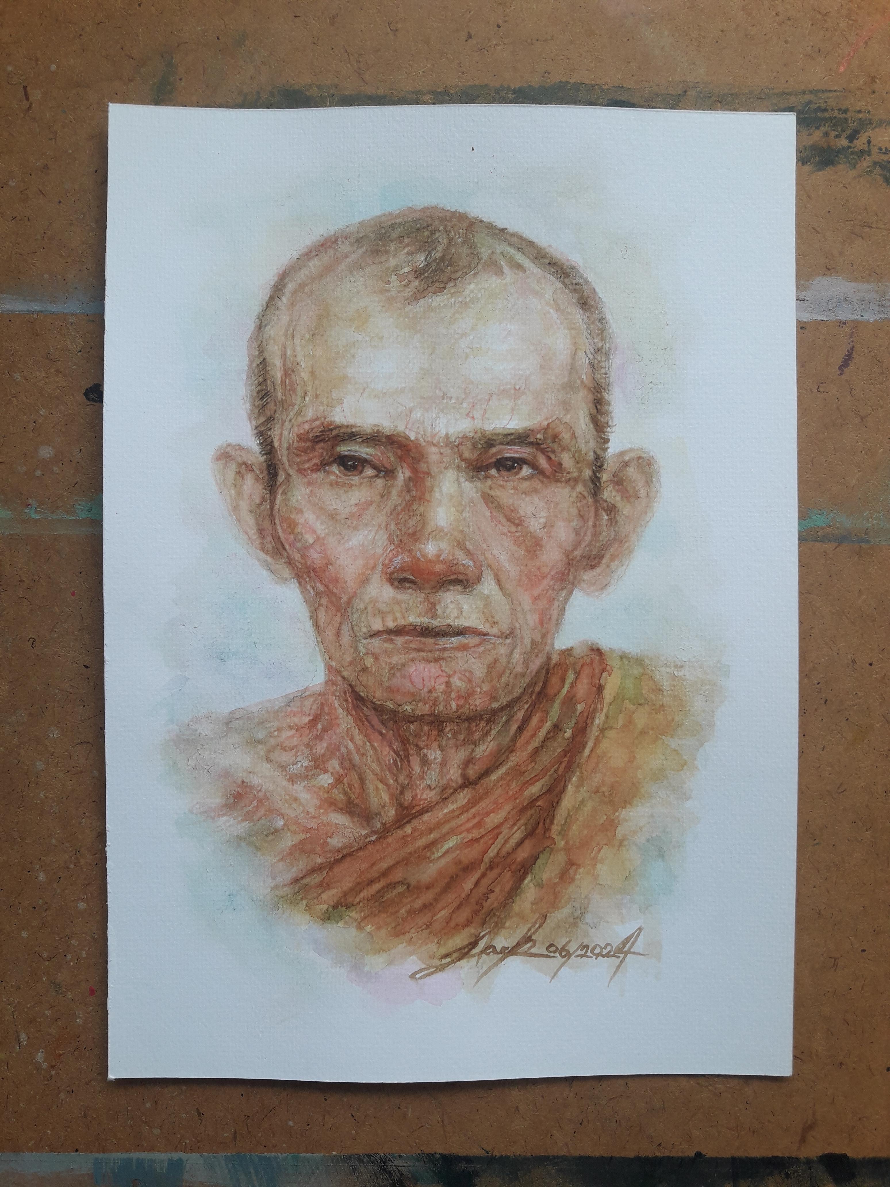 หลวงพ่อกวย วัดโฆสิตาราม จ.ชัยนาท ภาพวาดสีน้ำ+กาแฟ บนกระดาษ Canson 320 แกรม ขนาด [A4] 21 cm. x 29.7 cm.งานวาด ไม่ใช่ภาพพิมพ์หรือโปสเตอร์ครับ