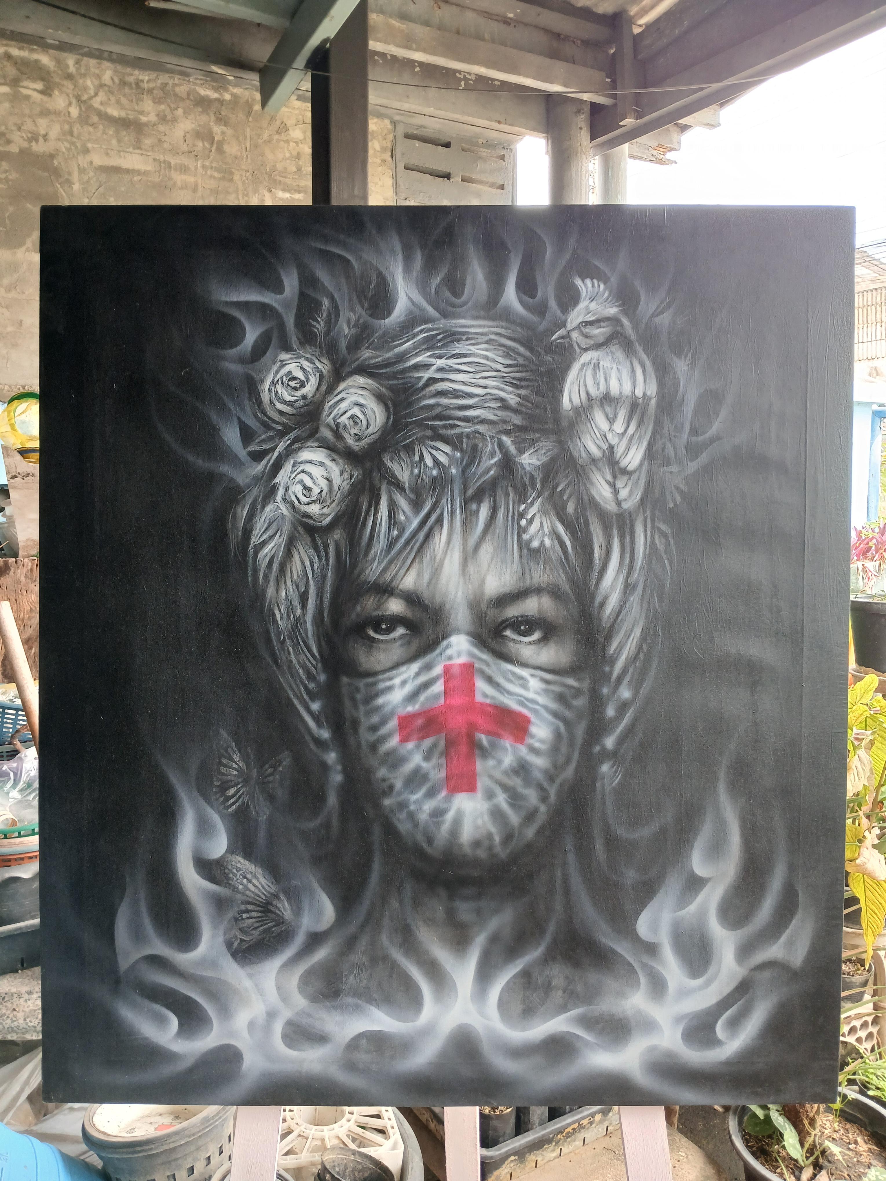 "Miss Earth" ภาพวาดสีอะคริลิค และสีแอร์บรัช Createx งานเพ้นท์บนเฟรมผ้าใบ canvas ขนาด 75 x 84 cm.