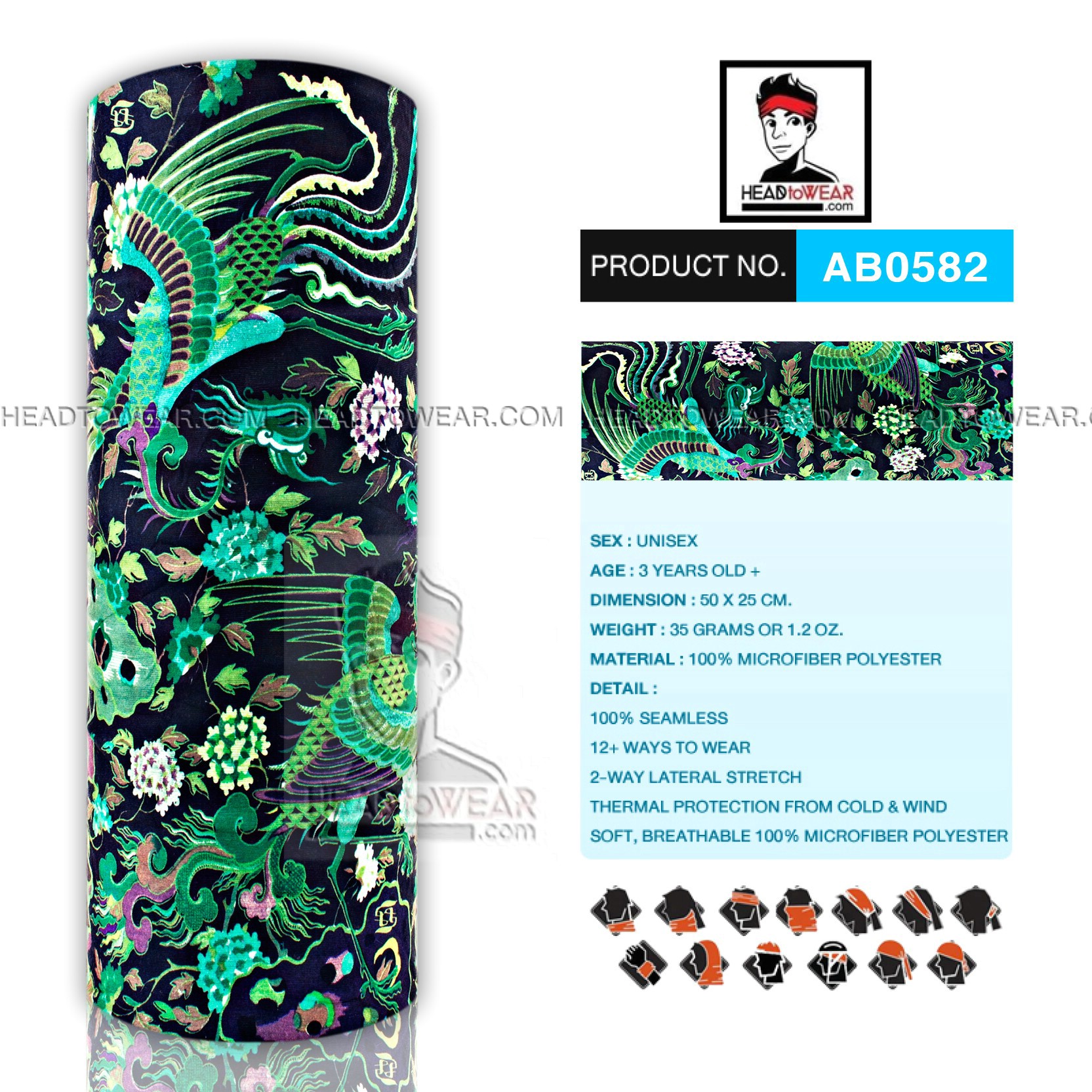 ผ้าโพกหัว ผ้าบัฟ ผ้าคาดผม HeadToWear ลายนกการ์ตูน Cartoon โทนเขียว รหัส AB0582