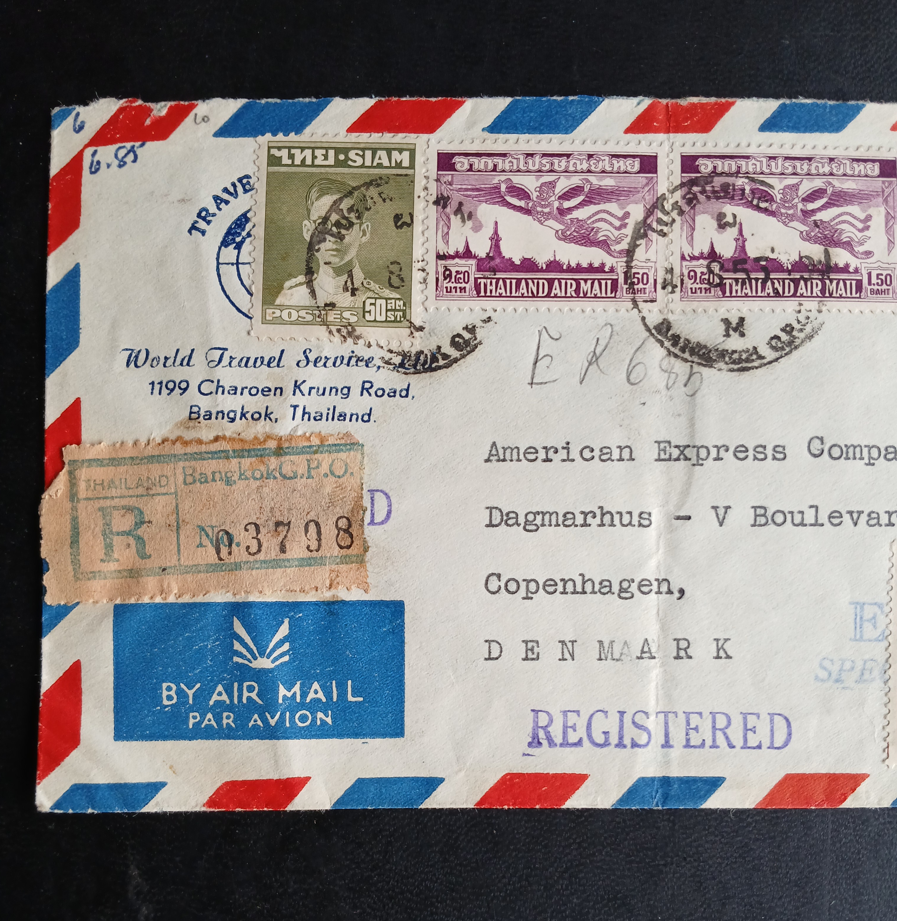 s3474-ซองจดหมายเก่า BANGKOK-DENMARK ป้ายR ลงทะเบียน/REGISTERED/ EXPRESS SPECIAL DELIVERY ติดแสตมป์พระรูป ร.9 SIAM ปี 2490-92, พระนเรศวร 2498 (control mark), ท้าวสุรนารี 2498, อากาศฯชุด4 ปี 2495 (ราคาหน้าดวงแสตมป์รวม 7 บาท) มีตราประทับ ไปรษณีย์กลาง 1955 พ.