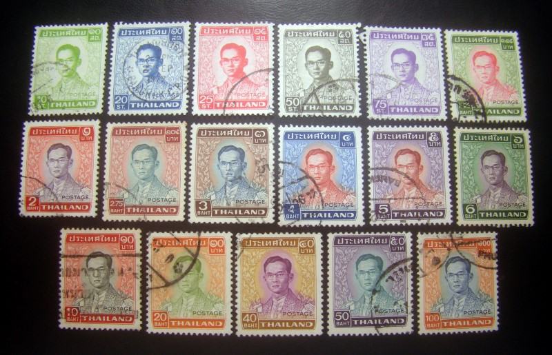 [-ครบชุด-] s2874-แสตมป์พระรูป ในหลวง รัชกาลที่ 9 ชุดที่5 พิมพ์ JAPAN พ.ศ.2515-20 ครบชุด 17 ดวง ใช้แล้ว ราคาเบา น่าสะสมครับ