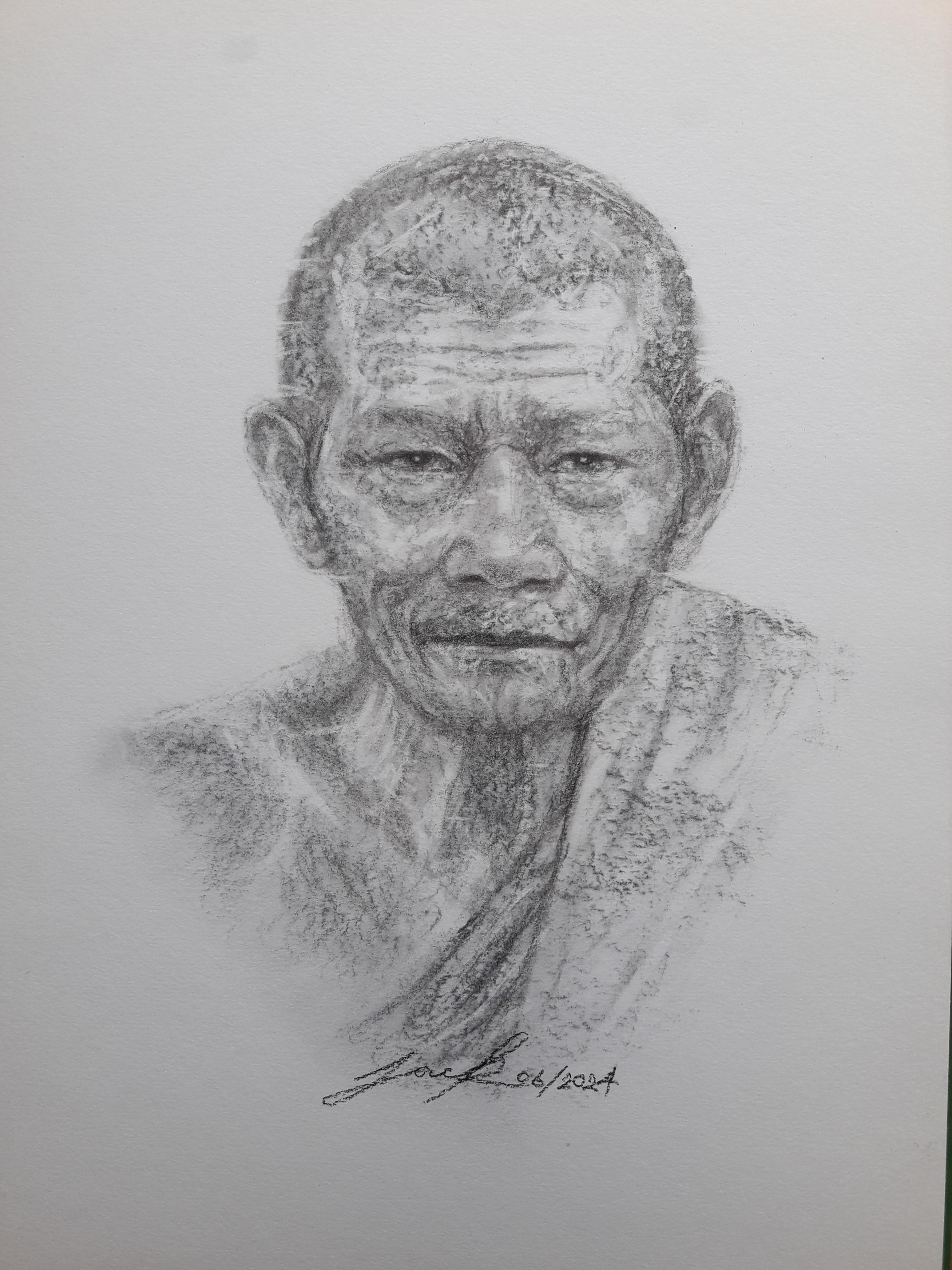 หลวงปู่ศิลา วัดพระธาตุหมื่นหิน จ.กาฬสินธุ์ ภาพวาดดินสอ ชาโคล กระดาษ 200 แกรม ขนาด 27.5 cm. x 37.5 cm. งานวาด ไม่ใช่ภาพพิมพ์หรือโปสเตอร์ครับ