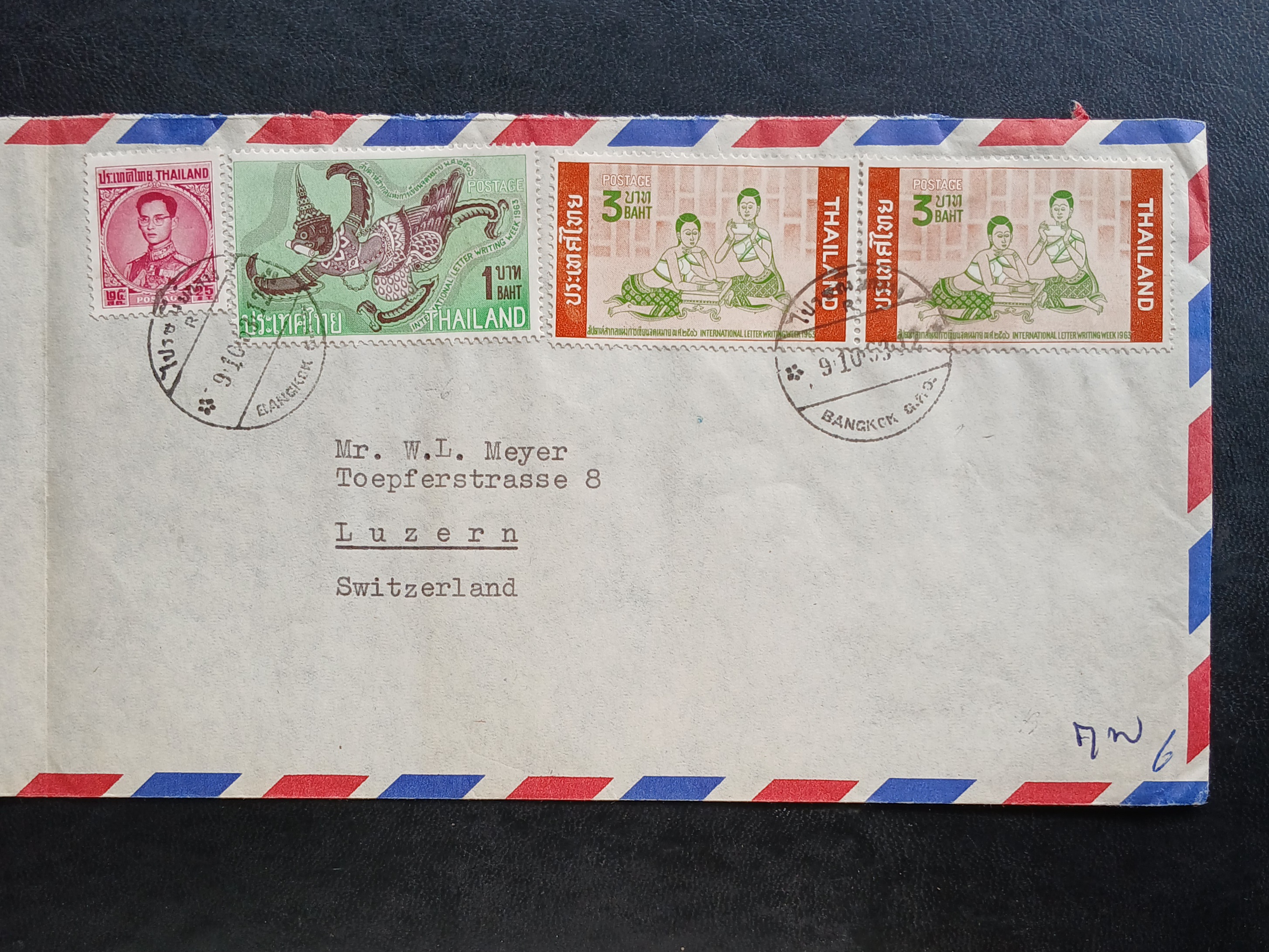 ซองจดหมายเก่า ปี 2506 (1963) BANGKOK-Luzern SWITZERLAND ติดแสตมป์พระรูป ร.9 ชุดสี่ ปี 2506, สัปดาห์ฯจดหมาย ปี 2506 มีตราประทับ ไปรษณีย์กลาง 1963