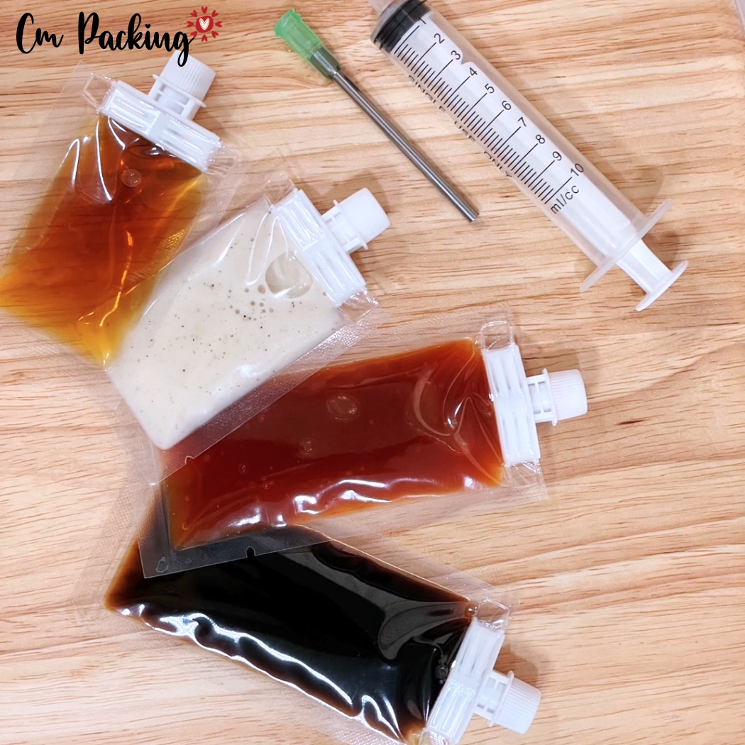 (100ใบ) ซองน้ำจิ้มน้ำสลัดฝาจุก+ไซริงค์สำหรับบรรจุ เหมาะกับร้าน delivery ตลาดนัด เพิ่มมูลค่าเพิ่ม ใช้งานง่าย ไม่หกเลอะเทอะ