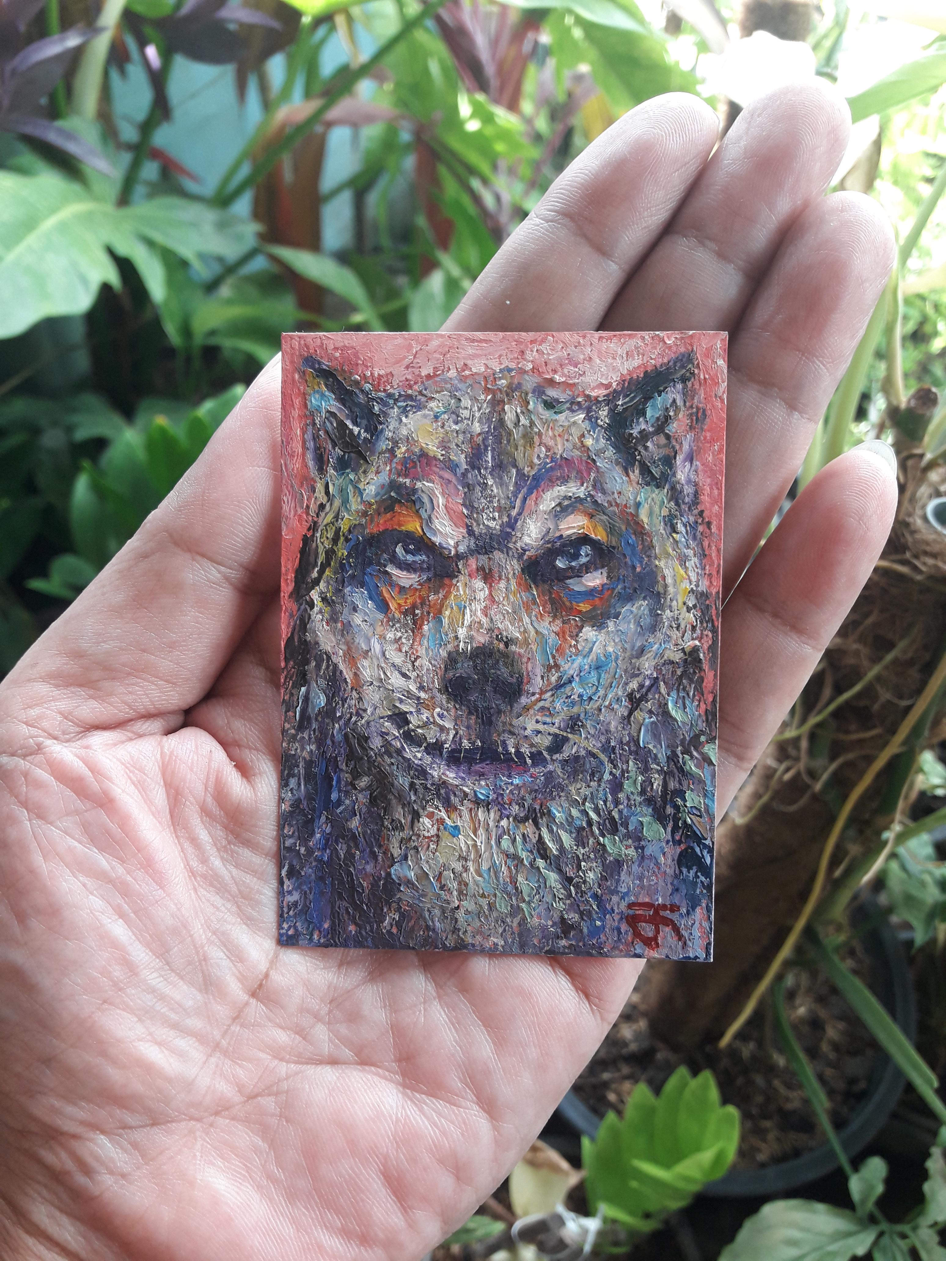 ACEO-ฺWolf no.3 ภาพวาดสีน้ำมัน บนกระดาษ 300 แกรม ขนาด 2.5 x 3.5 นิ้ว