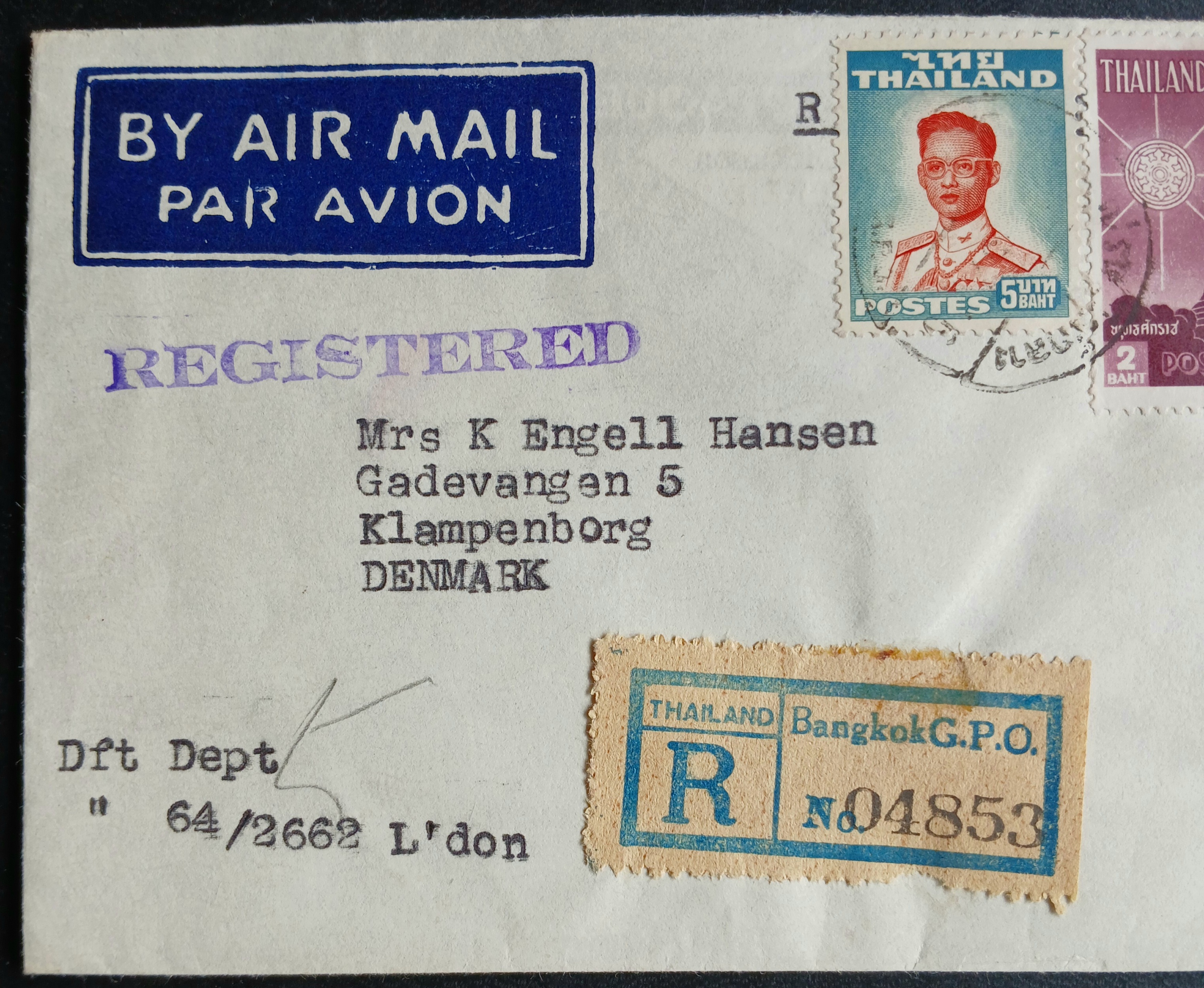s3483-ซองจดหมายเก่า BANGKOK-Klampenborg DENMARK ป้ายR ลงทะเบียน/REGISTERED ติดแสตมป์พระรูป ร.9 THAILAND ปี 2498, ฉลอง 25 พุทธศตวรรษ ปี 2500 (ราคาหน้าดวง รวม 7 บาท 80 สตางค์) มีตราประทับ ไปรษณีย์กลาง 1957 พ.ศ.2500