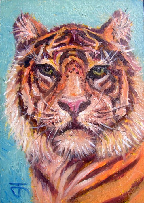 ACEO-ฺTiger ภาพวาดสีน้ำมัน บนกระดาษ 300 แกรม ขนาด 2.5 x 3.5 นิ้ว