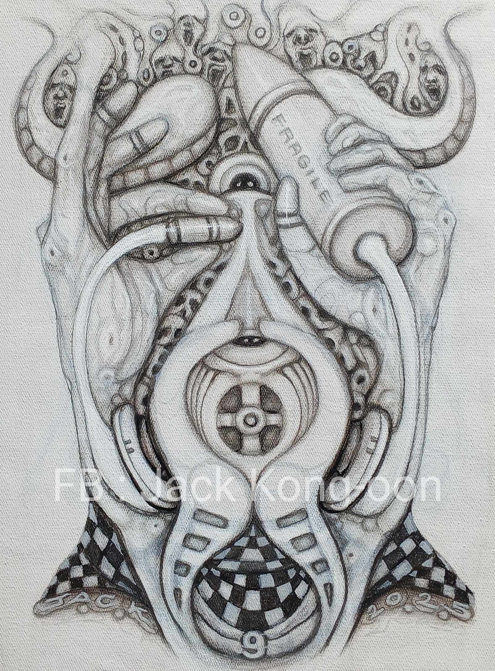 Surreal Portrait 35 วาดเส้นปากกา, สีอะครีลิค บนเฟรมผ้าใบ ขนาด 30 × 40 cm.