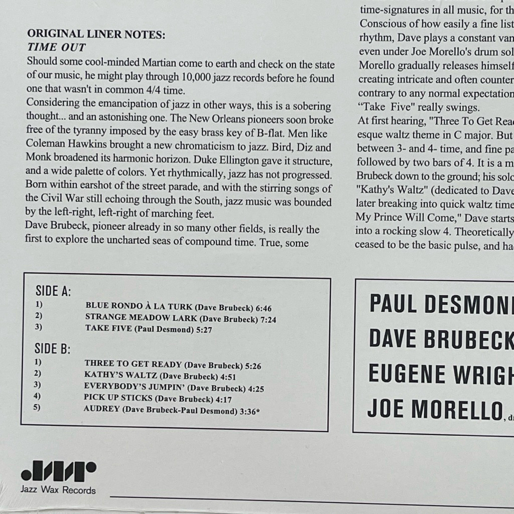 แผ่นเสียง The Dave Brubeck Quartet Time Out , Vinyl, LP, Album, Reissue,180g,มือหนึ่ง ซีล