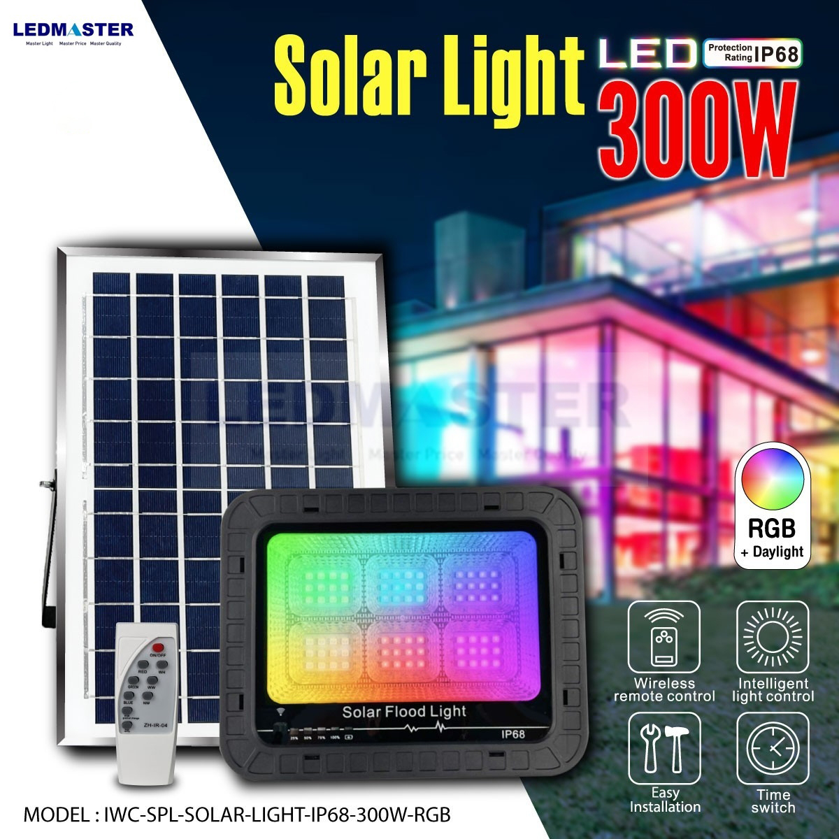 2024 ไฟปีใหม่ สปอร์ตไลท์ LED โซล่าเซลล์ 400W 300W แสง RGB+Daylight ปรับค่าเเสงไฟกระพริบได้ IP68 Spotlight RGB Solar ไฟ