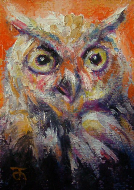 "Owl" ACEO ภาพวาดสีน้ำมันบนกระดาษ Canson 140 lbs ขนาด 2.5 x 3.5 นิ้ว