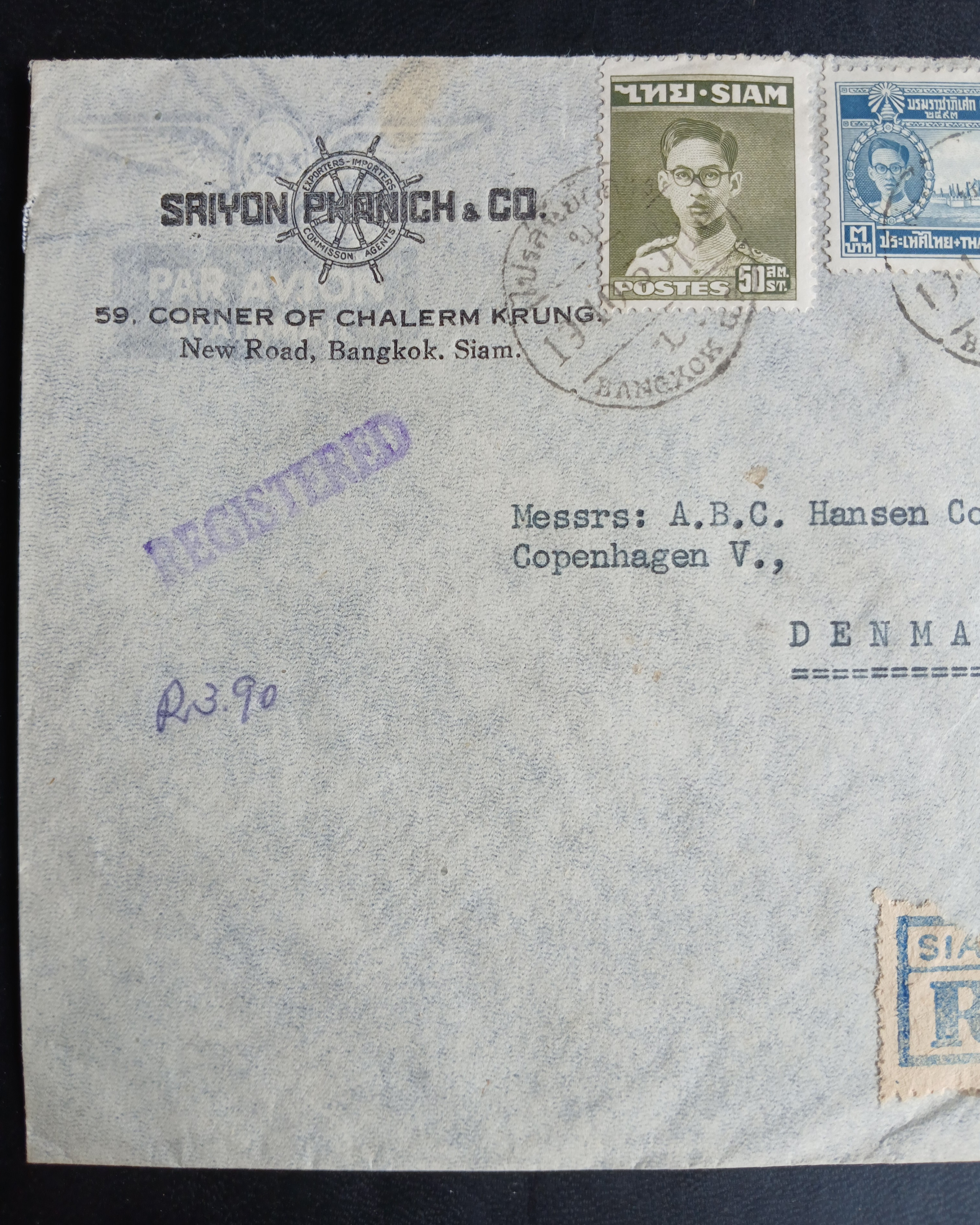 s3476-ซองจดหมายเก่า BANGKOK-DENMARK ป้ายR SIAM / Bangkok G.P.O.3099 ลงทะเบียน/REGISTERED ติดแสตมป์พระรูป ร.9 SIAM ปี 2492, บรมราชาภิเษก 2493 (ราคาหน้าดวง รวม 3 บาท 90 สตางค์) มีตราประทับ ไปรษณีย์กลาง 1950 พ.ศ.2493