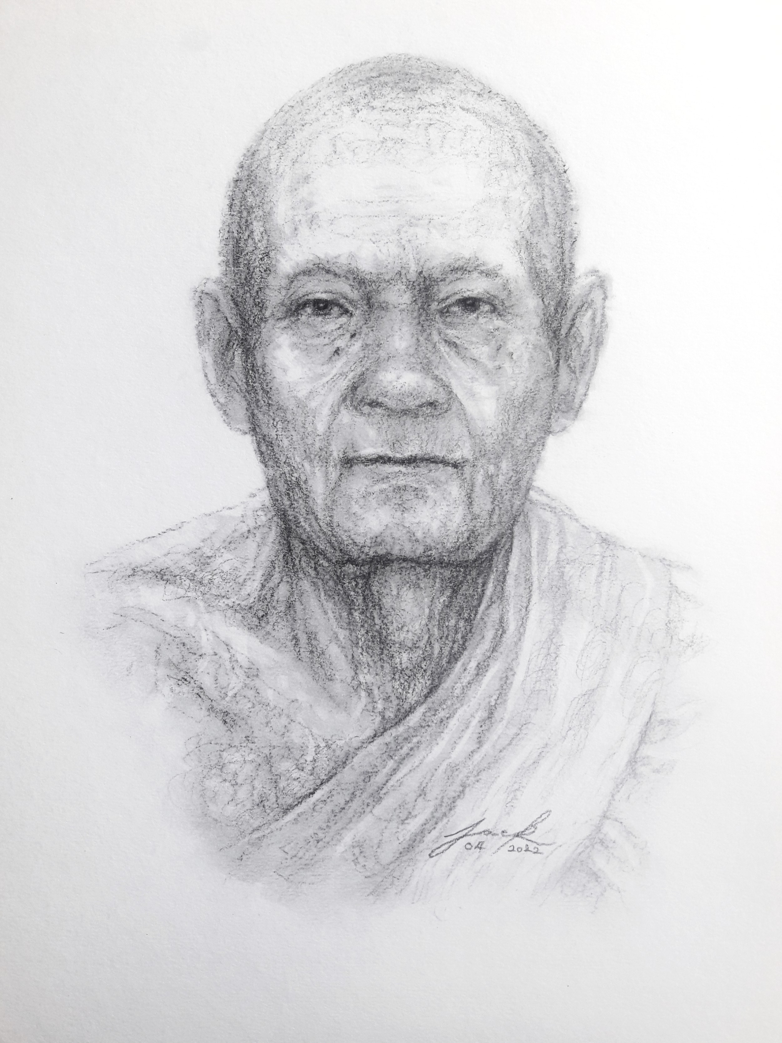 หลวงปู่ดู่ วัดสะแก พระนครศรีอยุธยา ภาพวาดดินสอ ชาโคล กระดาษ 200 แกรม ขนาด 27.5 cm. x 37.5 cm. งานวาดต้นฉบับ ไม่ใช่ภาพพิมพ์หรือโปสเตอร์ครับ