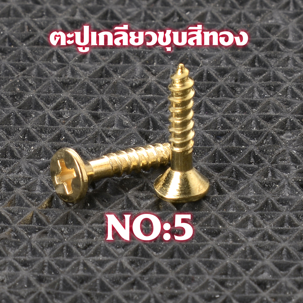 ตะปูเกลียว ตะปูเกลียวปล่อยชุบสีทอง Gold Plated Screws หัวแฉก(แบน)จำนวน 100 ตัว สำหรับใช้กับไม้-โลหะ# GS#05 2 110 กรัม gold No.5