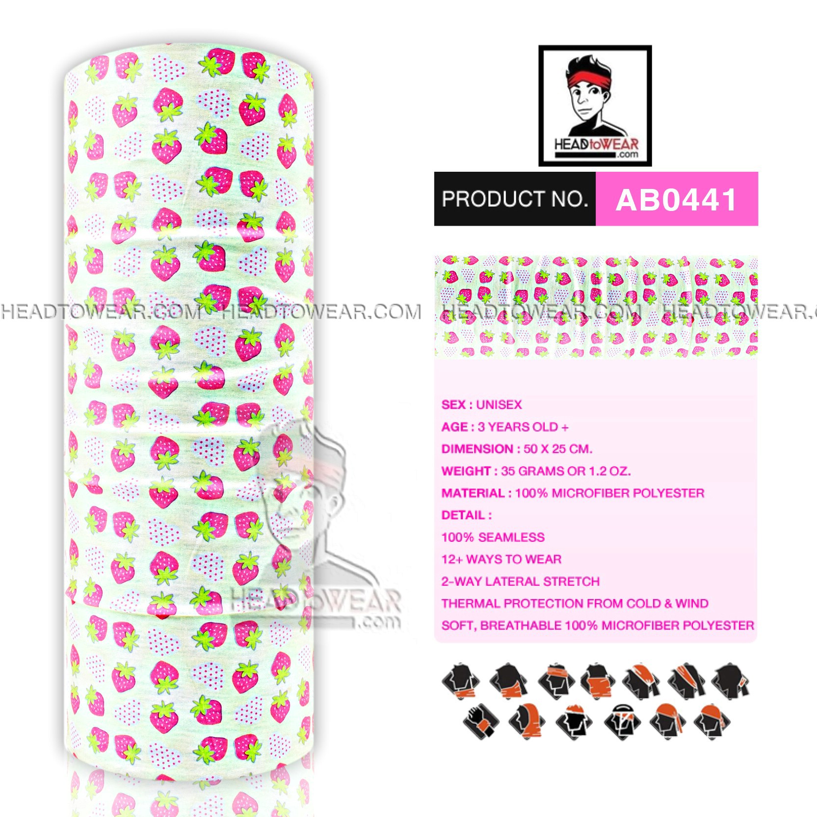 ผ้าโพกหัว ผ้าบัฟ ผ้าคาดผม HeadToWear ลายสตอเบอรี่ Strawberry รหัส AB0441