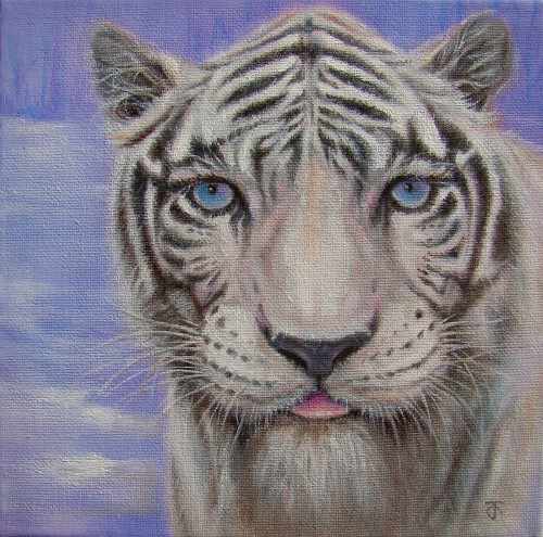 WHITE TIGER ภาพวาดสีน้ำมัน งานเพ้นท์บนเฟรมผ้าใบ canvas ขนาด 20x20 cm.