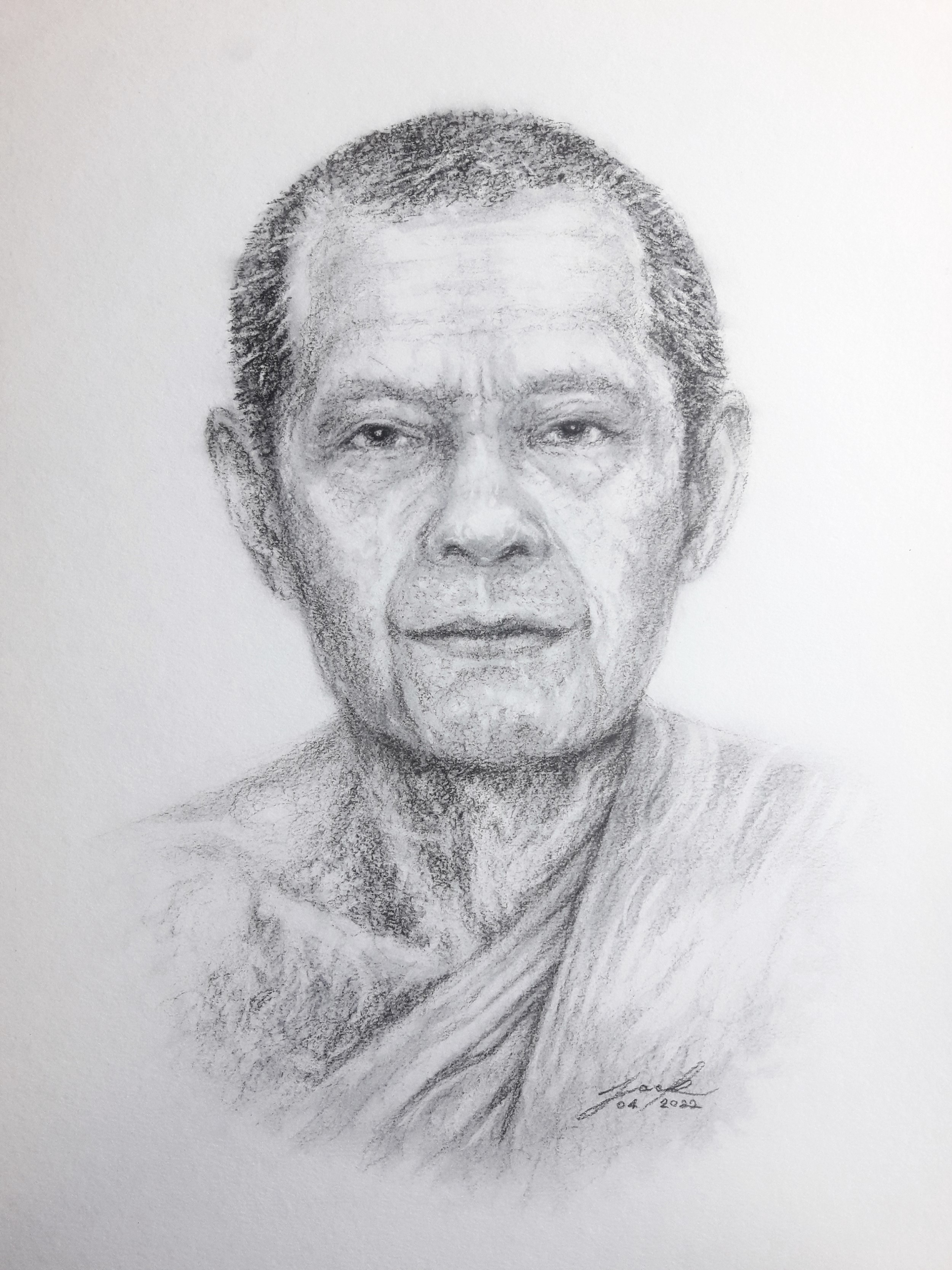 หลวงพ่อฤาษีลิงดำ วัดท่าซุง อุทัยธานี ภาพวาดดินสอ ชาโคล กระดาษ 200 แกรม ขนาด 27.5 cm. x 37.5 cm. งานวาดต้นฉบับ ไม่ใช่ภาพพิมพ์หรือโปสเตอร์ครับ