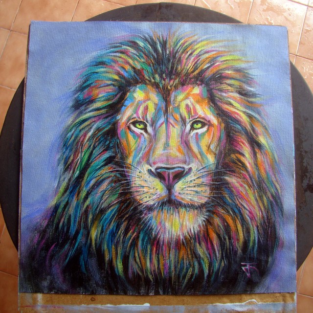 "Lion no.2" ภาพวาดสีอะคริลิค บนผ้าใบ canvas ไม่ขึงบนเฟรม ขนาด 40 x 40 cm. [16 x 16 นิ้ว]