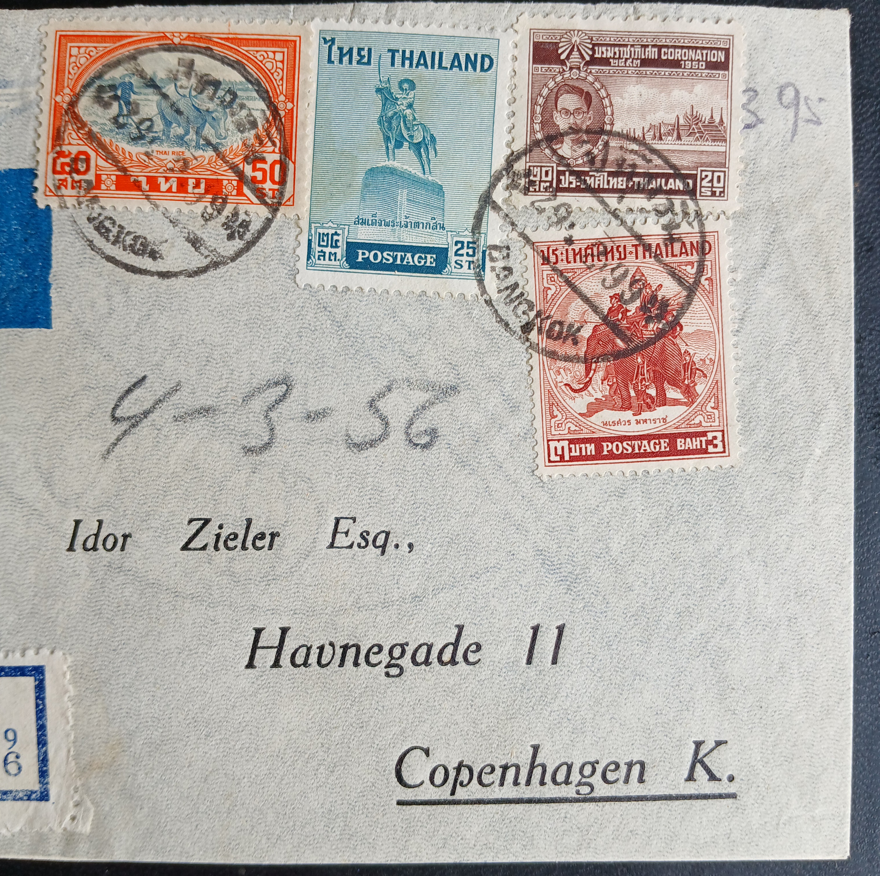 s3477-ซองจดหมายเก่า BANGKOK-Copenhagen DENMARK ป้ายR / ปท.ปทุมวัน ติดแสตมป์ ร.8 บางปะอิน ปี 2484, ร.9 บรมราชาภิเษก 2493, พระนเรศวร 2498, พระเจ้าตากสิน 2498 (ราคาหน้าดวง รวม 3 บาท 95 สตางค์) มีตราประทับ ปทุมวัน 2499, ไปรษณีย์กลาง พ.ศ.2499 / ปี 1956