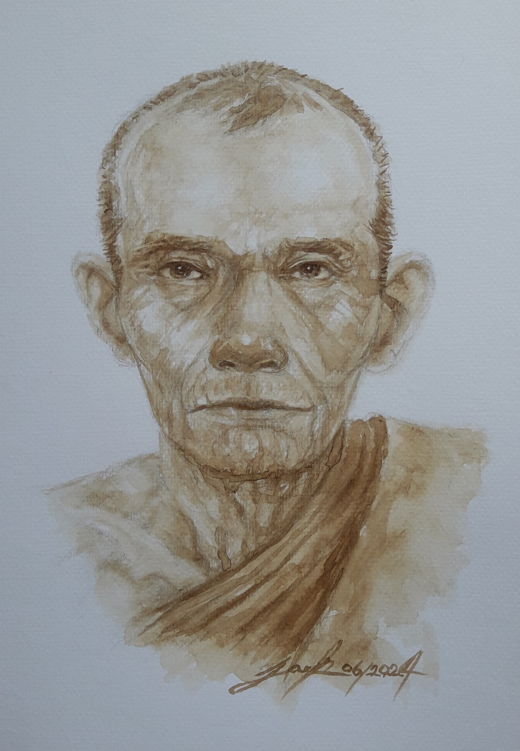 หลวงพ่อกวย วัดโฆสิตาราม จ.ชัยนาท ภาพวาดจากกาแฟ บนกระดาษ Canson 320 แกรม ขนาด [A4] 21 cm. x 29.7 cm.งานวาด ไม่ใช่ภาพพิมพ์หรือโปสเตอร์ครับ